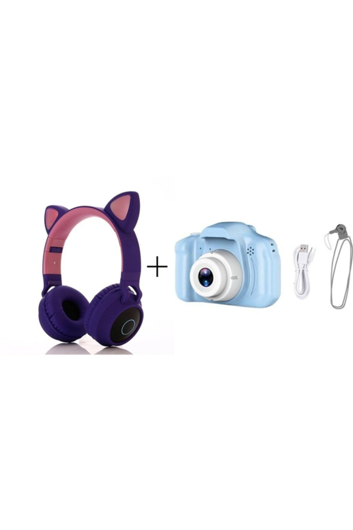 whitetech Çocuk Özel Set Mavi Mini Hd Çocuk Dijital Fotoğraf Makinesi+mor Led Işıklı Kedi Kulaklık Bluetoothlu