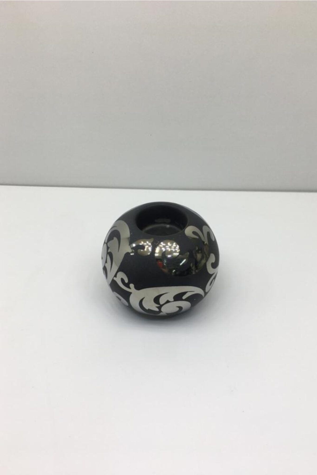Otantik Dekoratif Porselen Obje Siyah Gümüş Mumluk 8x8 Cm