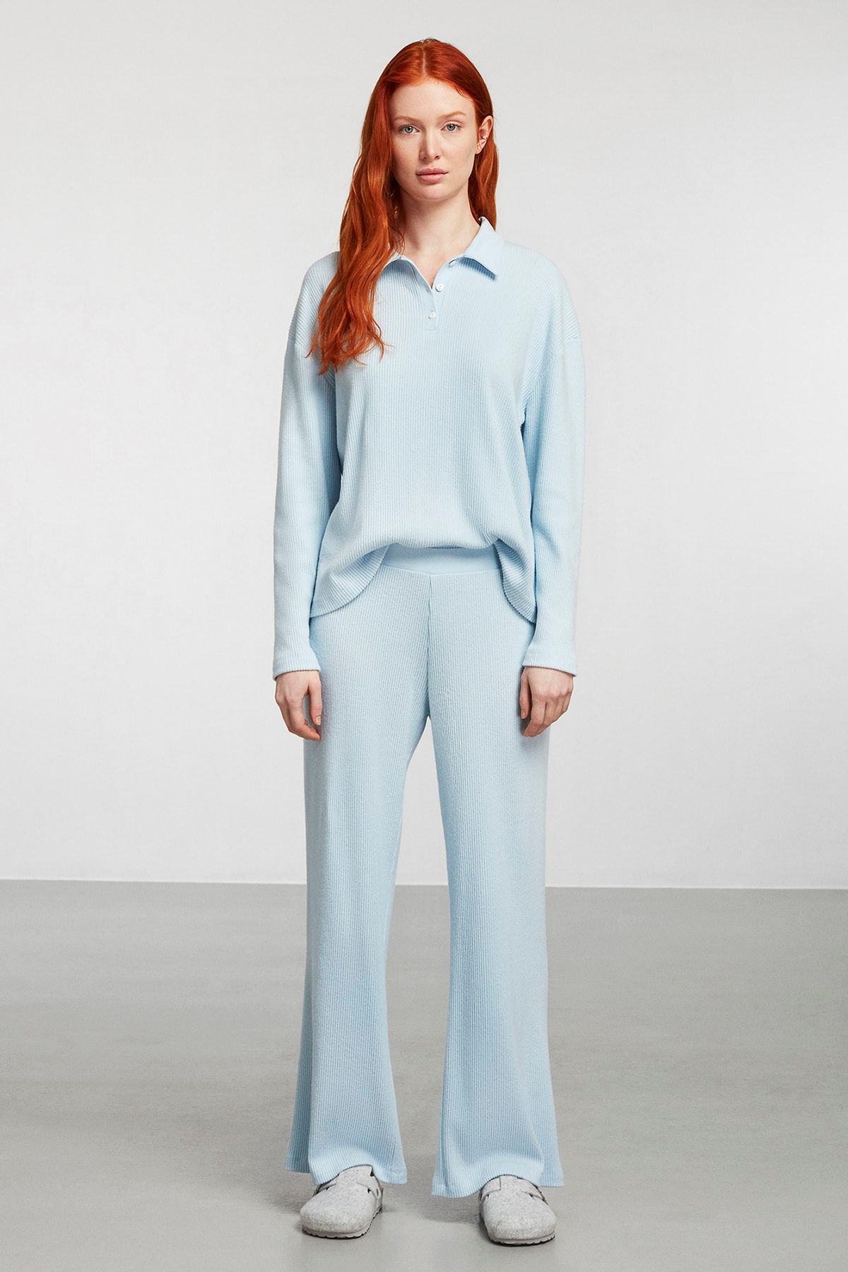 Catherines Mavi Polo Yaka Örme Pijama Takım