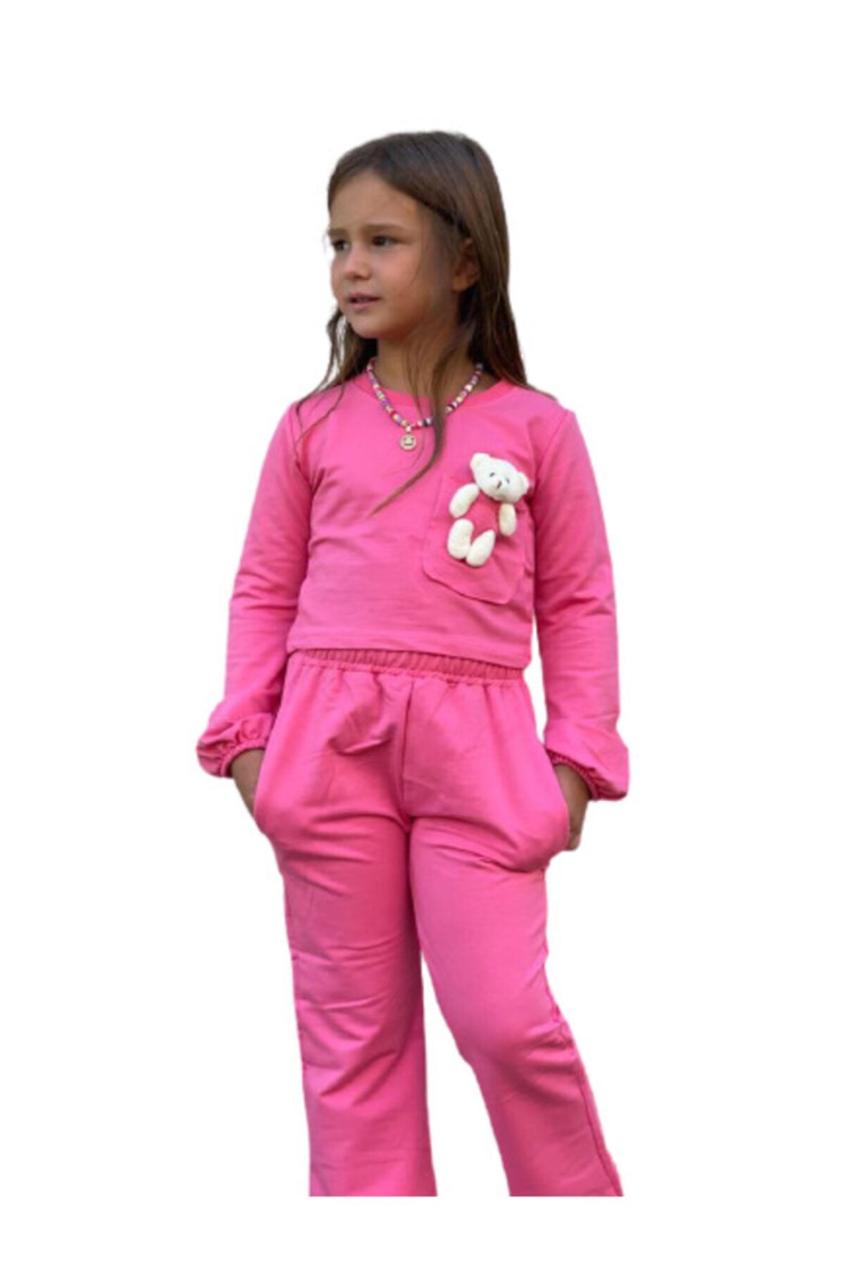 Lolliboomkids Kız Çocuk Peluş Ayıcık Detay Eşofman Takımı 2'li Set Pembe Renk Yeni Sezon Ispanyol Paça