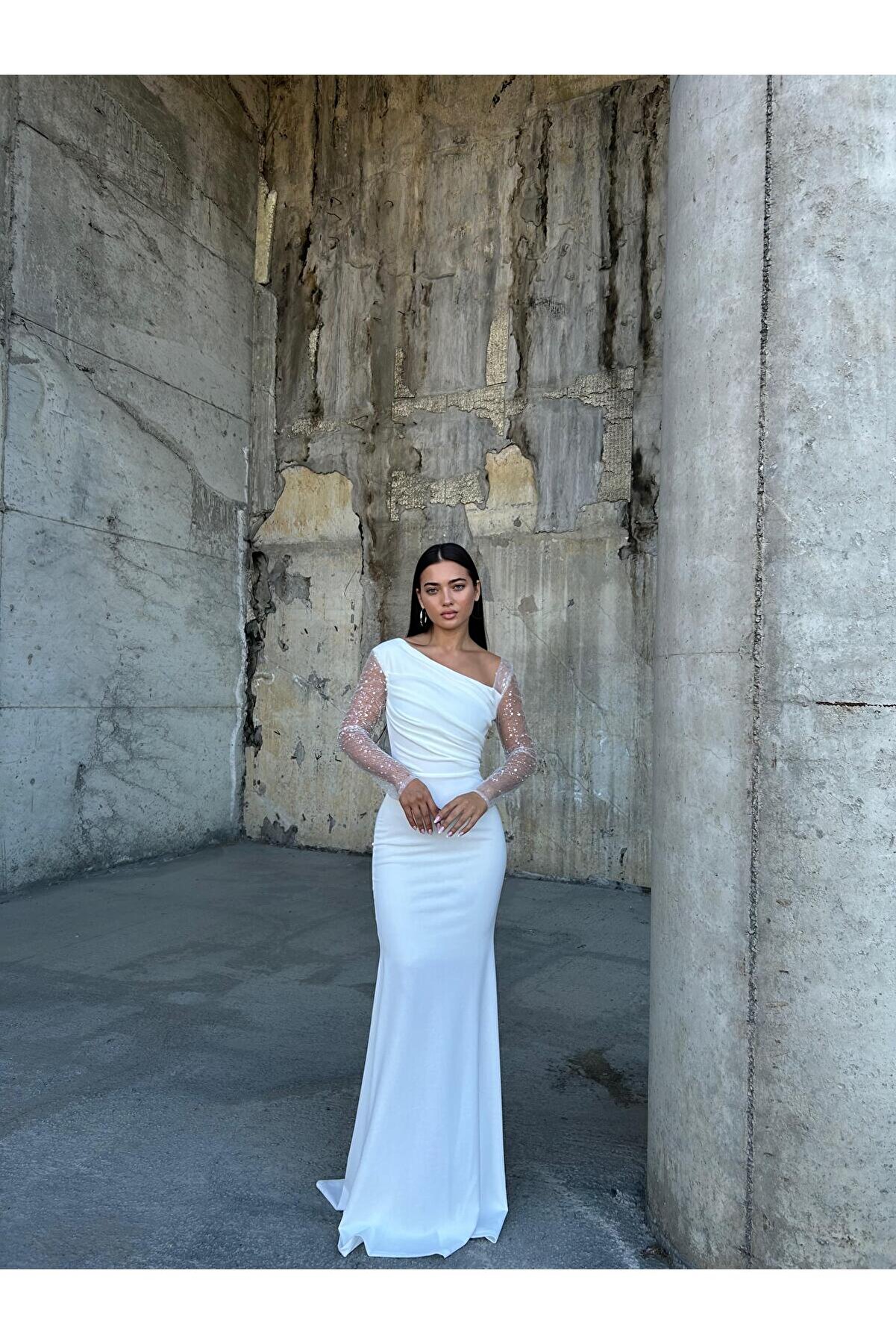 Modafeminen Beyaz Maxi Balık Abiye Elbise - Esnek Krep Kumaş