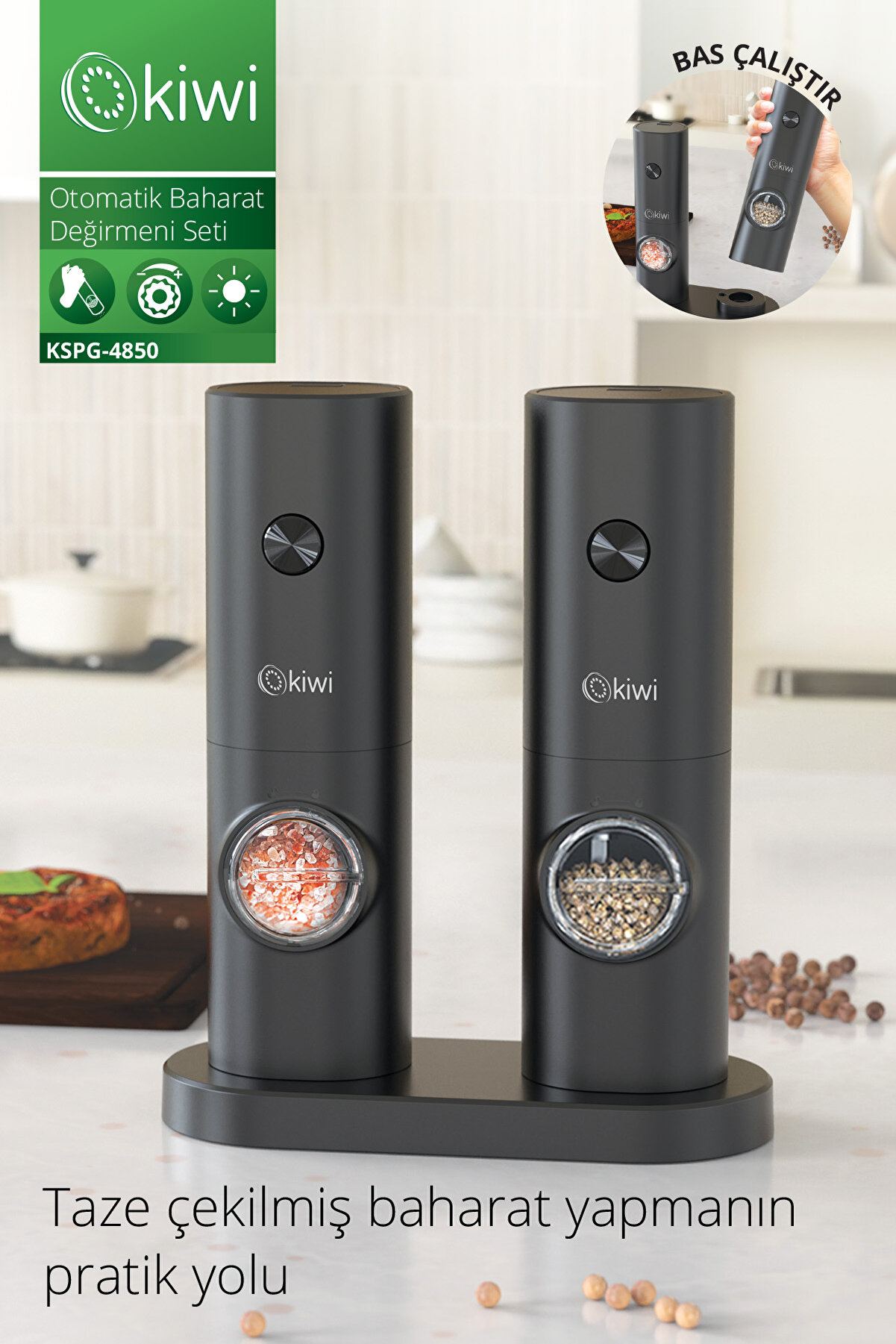 Kiwi Pilli Işıklı Tuz Karabiber Değirmeni 2li Paket - Otomatik Baharat Öğütücü