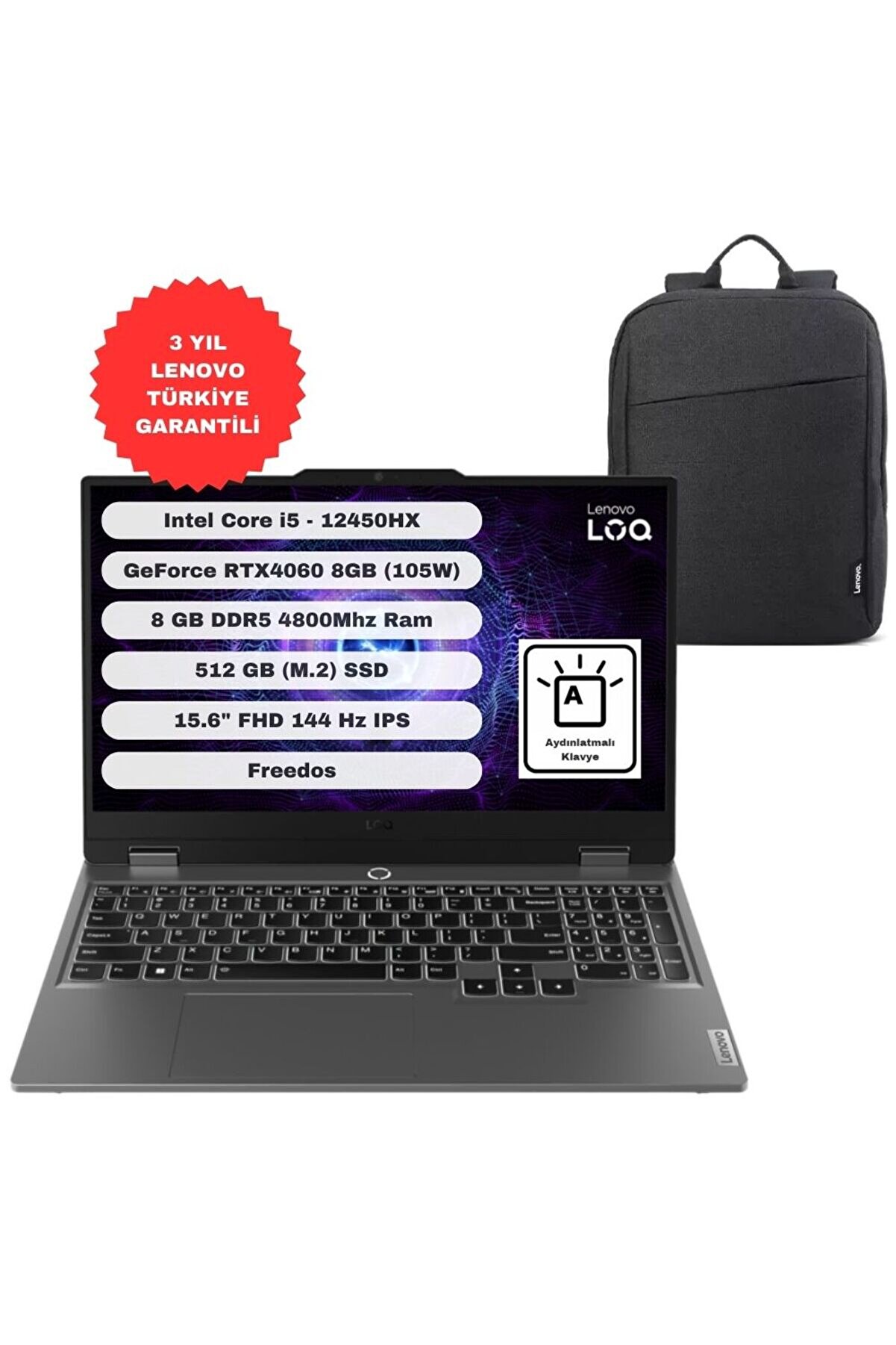 GTICNT Core I5 12450HX 8GB 512GB SSD RTX4060 Freedos 15.6