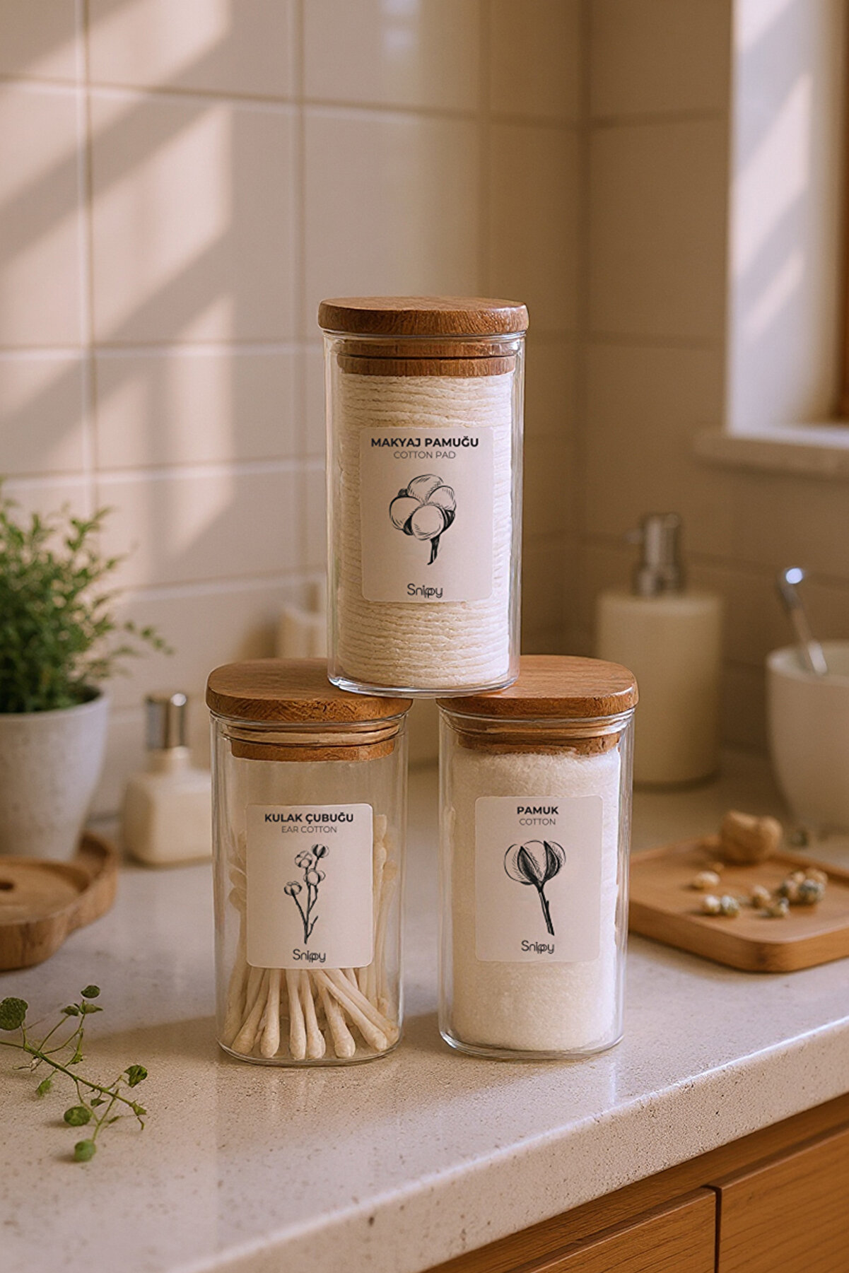 Snippy Luvo 3'lü Kare Ahşap Vakum Kapaklı Banyo Düzenleyici Seti