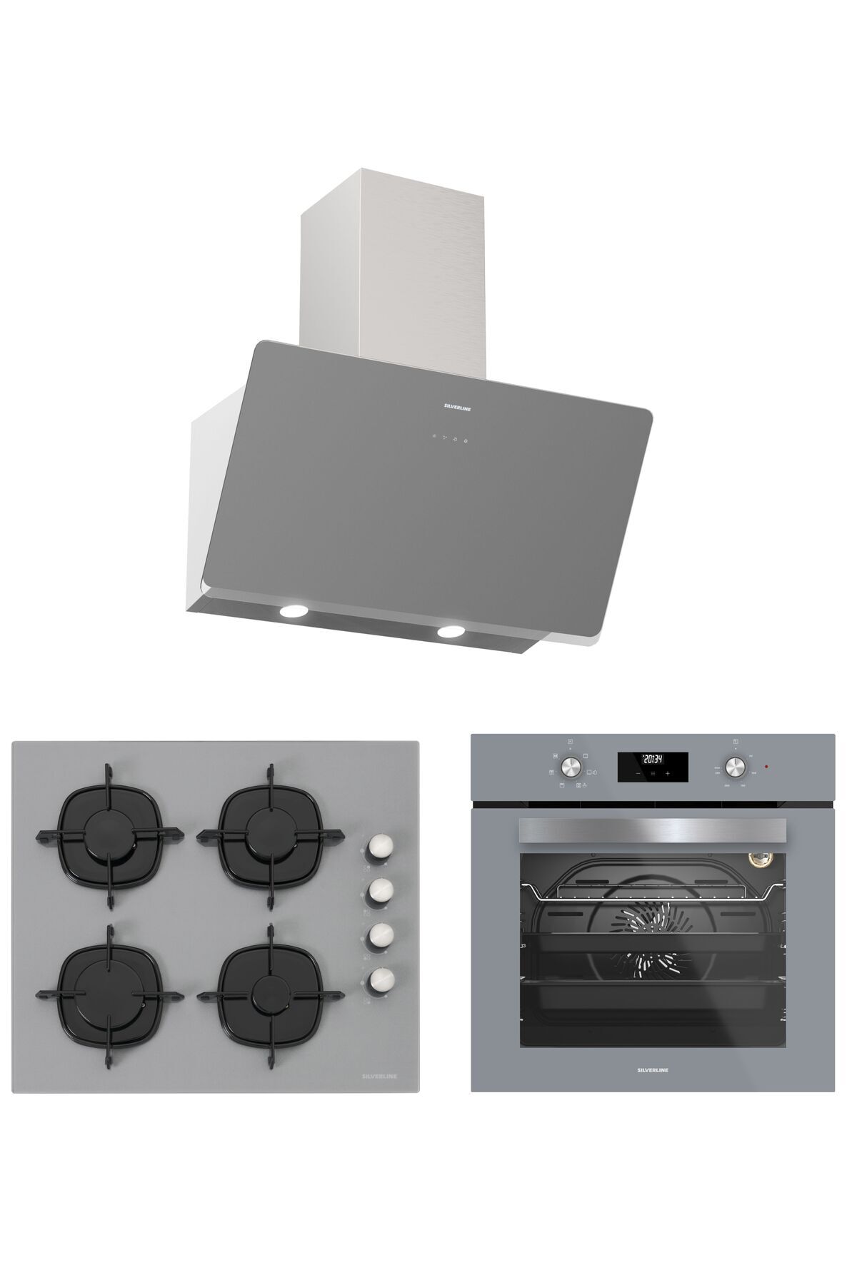 Gri Cam Ankastre Set BO6502S02 Fırın, CS5700E6S01 Ocak, 3457 SOHO 60 cm Davlumbaz