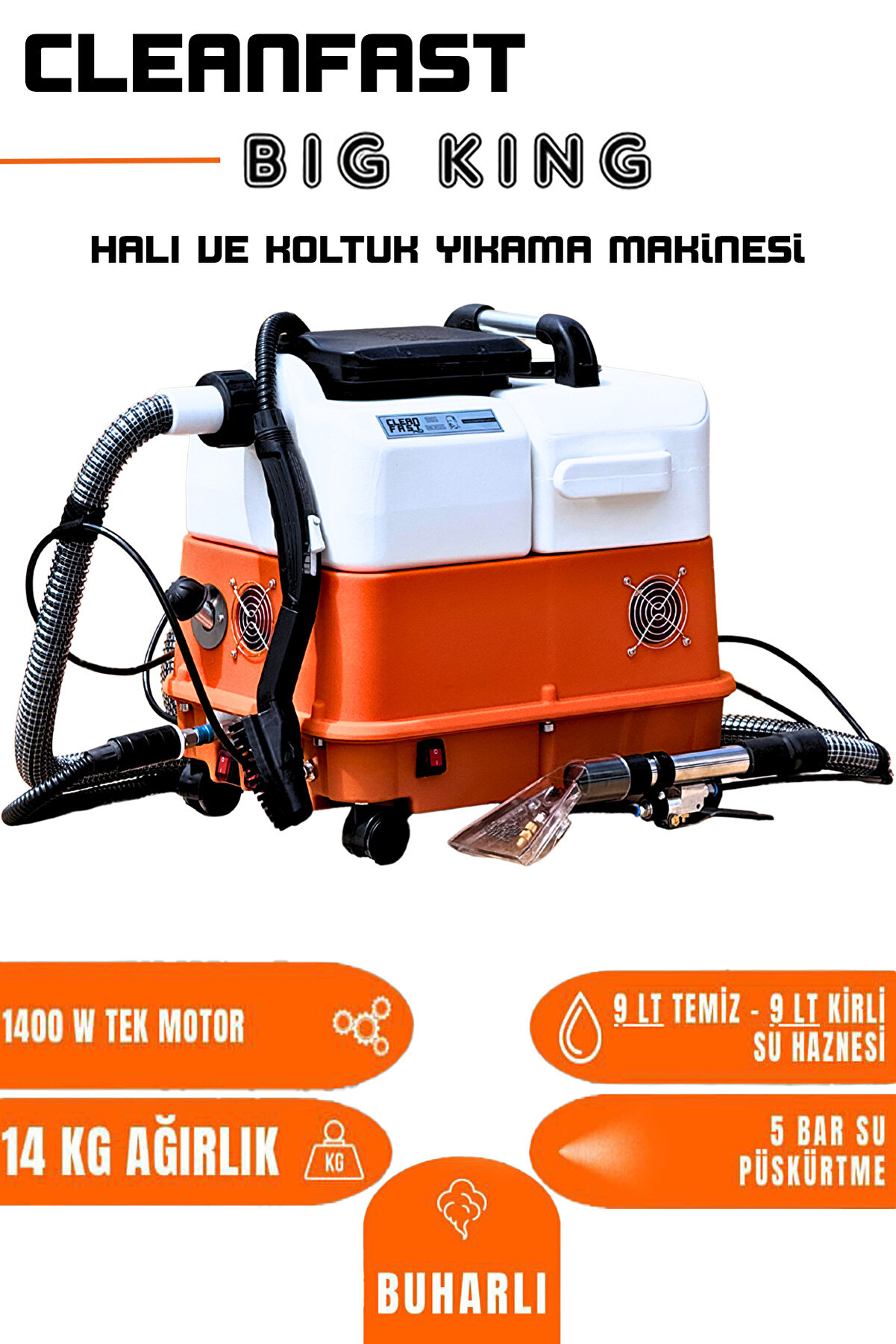 Big King Yüksek Vakum Profesyonel Buharlı Koltuk ve Halı Yıkama Makinesi 2400W