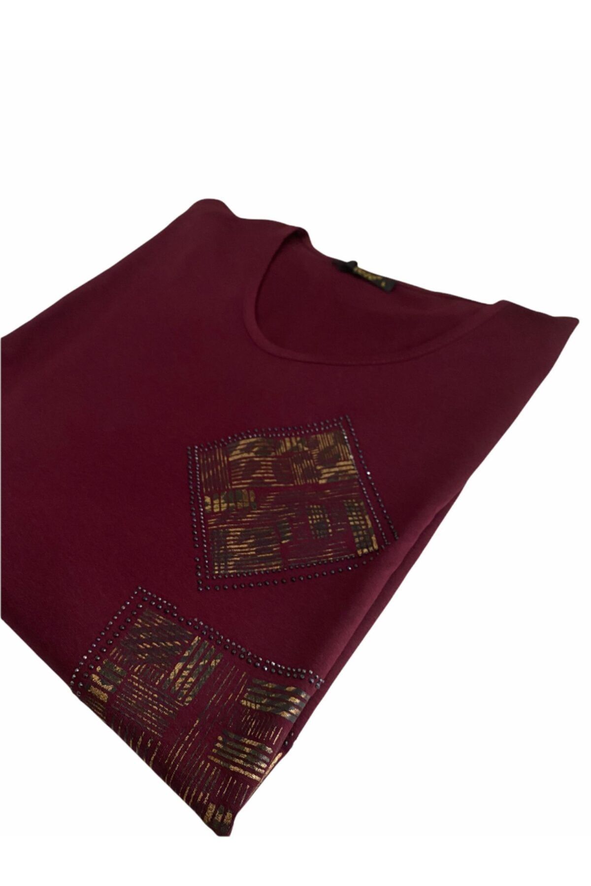 Elele Geometrik Desen 0 Yaka Bordo Kadın  Penye Bluz