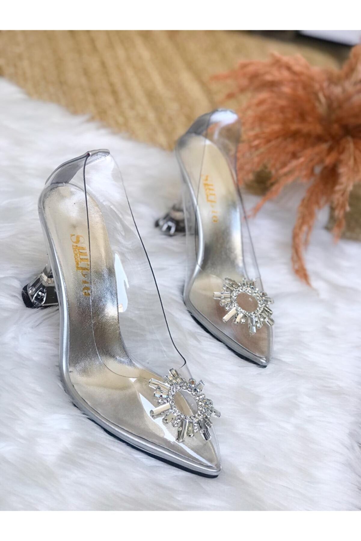 Surpie Shoes Taş Detaylı Şeffaf Topuklu Ayakkabı, Şeffaf Ayakkabı