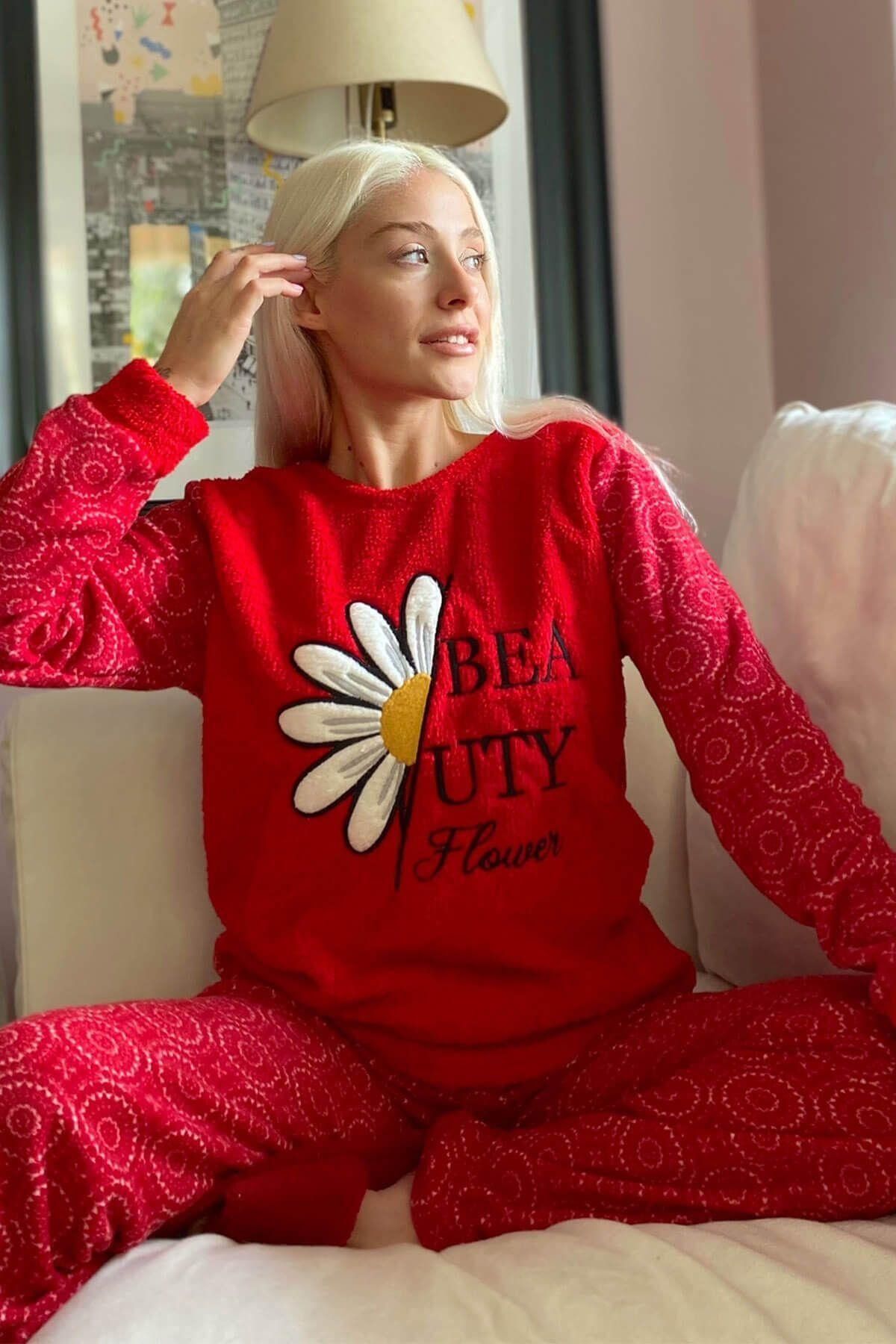 Pijamaevi Kırmızı Papatya Desenli Kadın Peluş Pijama Takımı
