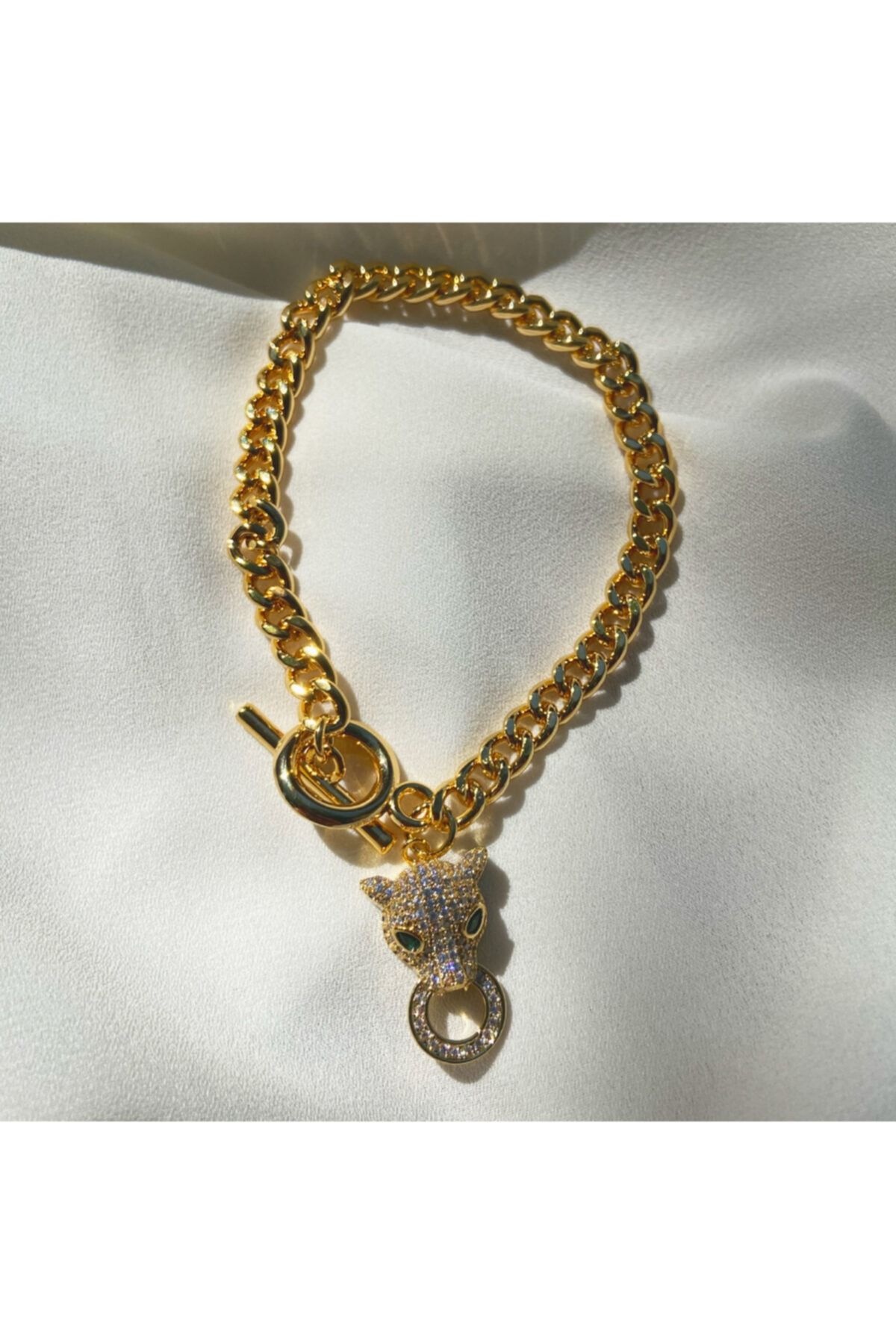 Kenz Jewelry Zirkon Taşlı Arslanbaş Detaylı Gold Zincir Bileklik