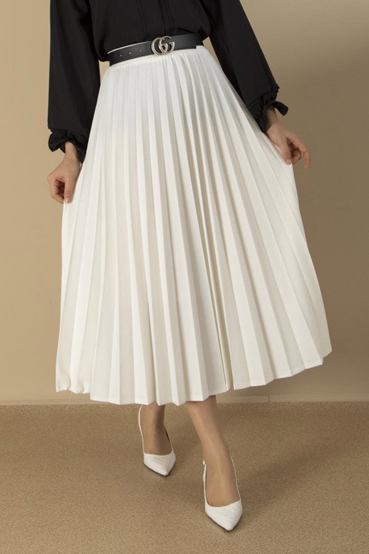 Essah Moda Kadın Beyaz Piliseli Uzun Etek - Me000325