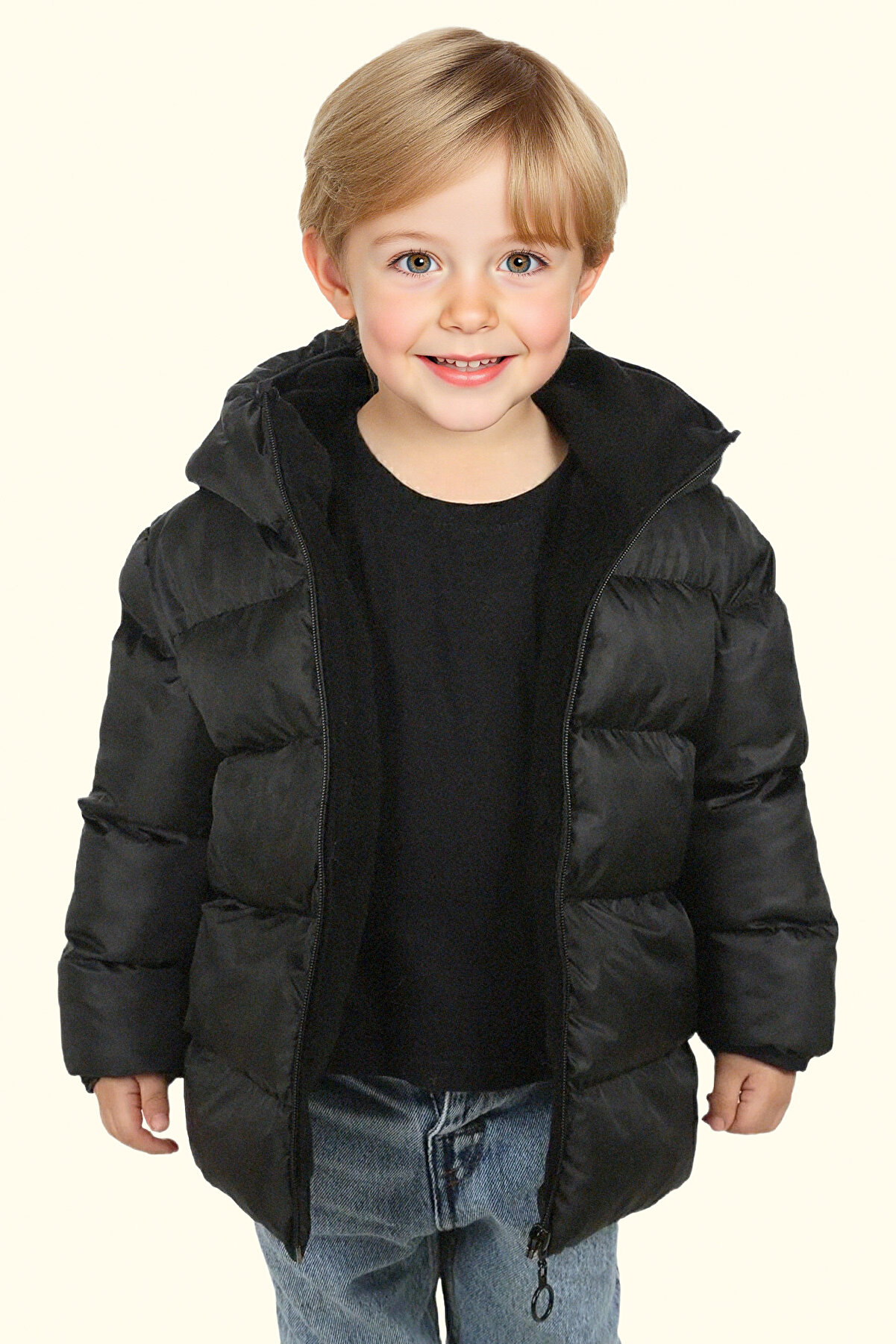 freemen Erkek Çocuk Siyah Polarlı Kapüşonlu Kışlık Mont & Kaban - Su Geçirmez ve Rüzgara Dayanıklı