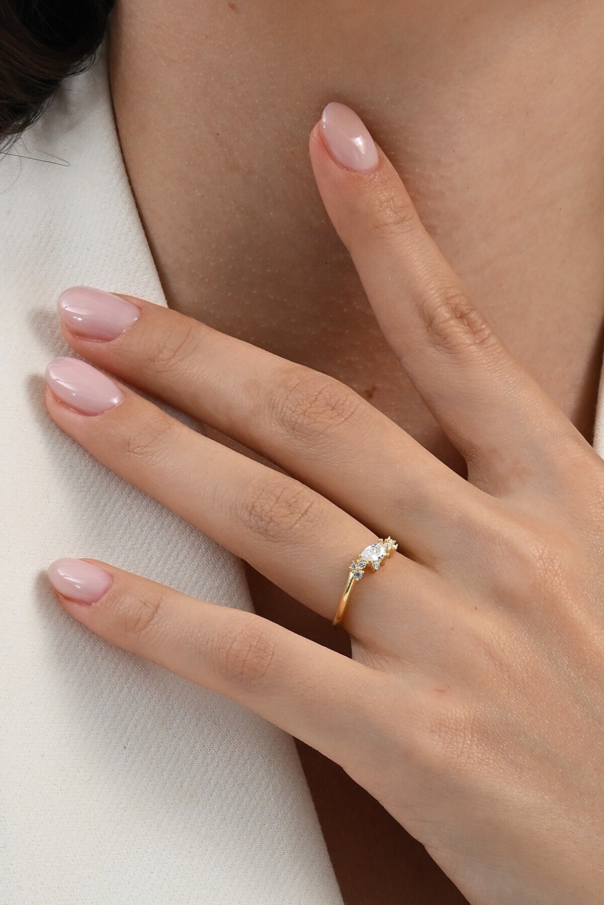 Söğütlü Silver Gümüş Altın Yaldızlı Damla Kesim Zirkon Taşlı Nazende Yüzük