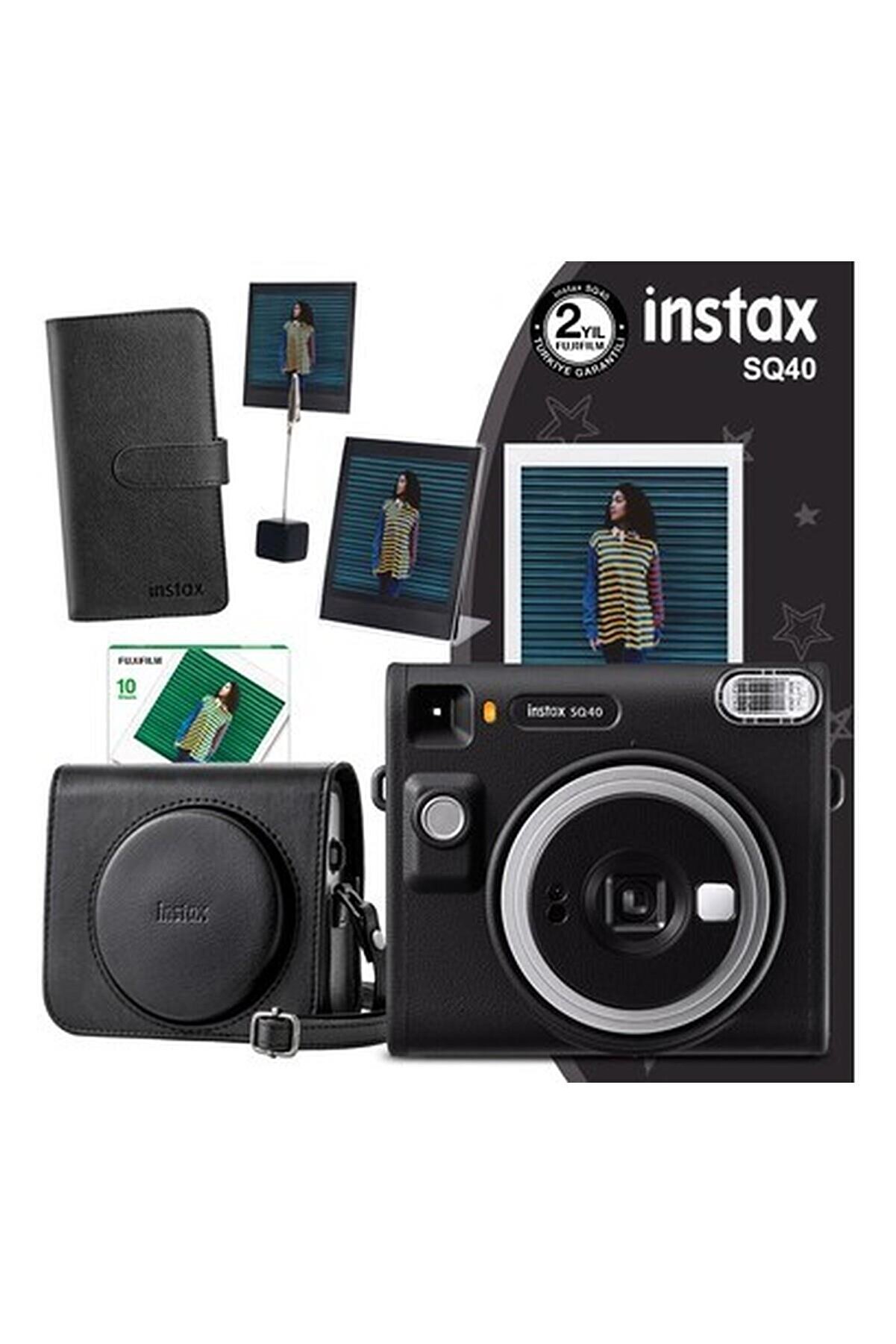 SQ40 Siyah Fotoğraf Makinesi 10'lu Kare Film Deri Kılıf Albüm Pleksi Çerçeve ve Kıskaçlı Stan