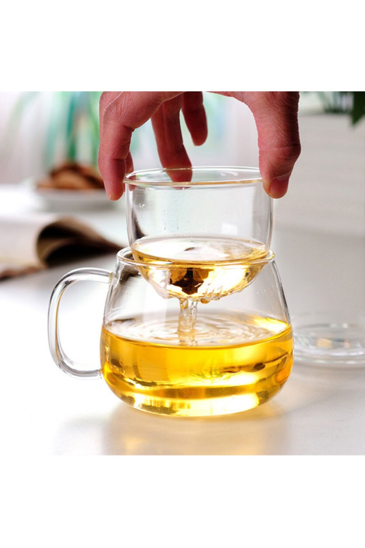 Linan Ware Linanware Cam Kapaklı Demleme Süzgeçli Isıya Dayanıklı Borosilikat Camdan Kupa Bardak 300 ml