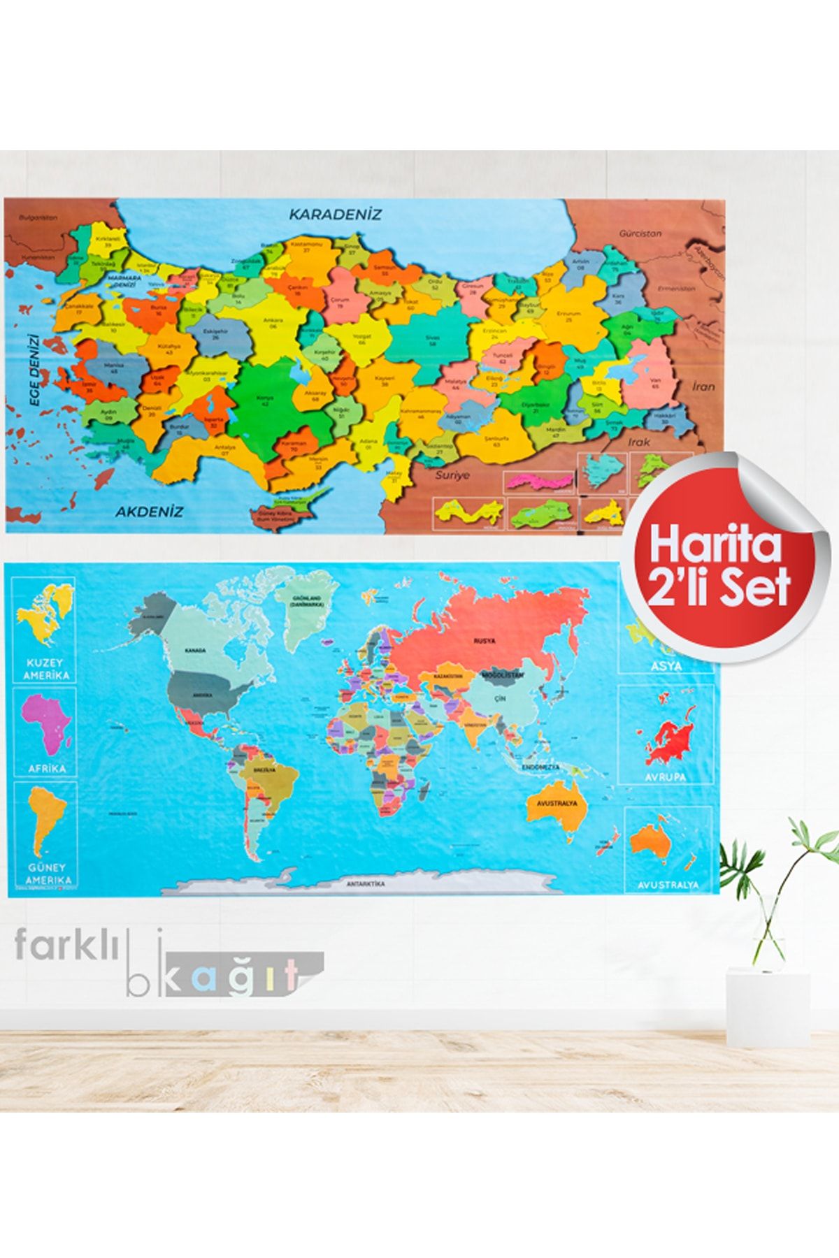 Farklı Bi Kağıt Renkli Dünya Ve Türkiye Haritası 2'li Set 118×56 Cm Pratik Tutunabilir