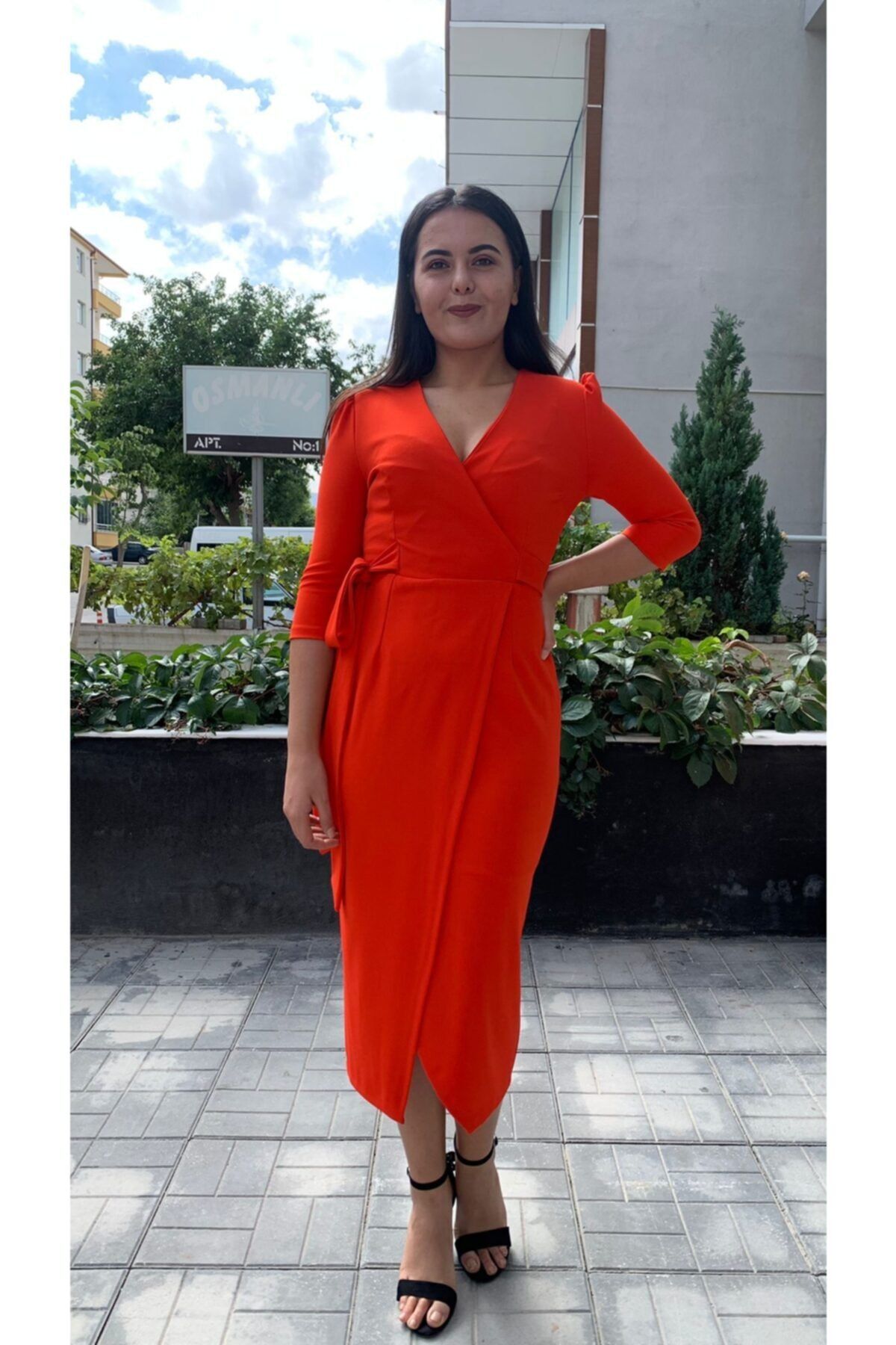 Ayhan Kadın Mercan Kruvaze Anvelop Truvakar Kol Krep Şık Elbise