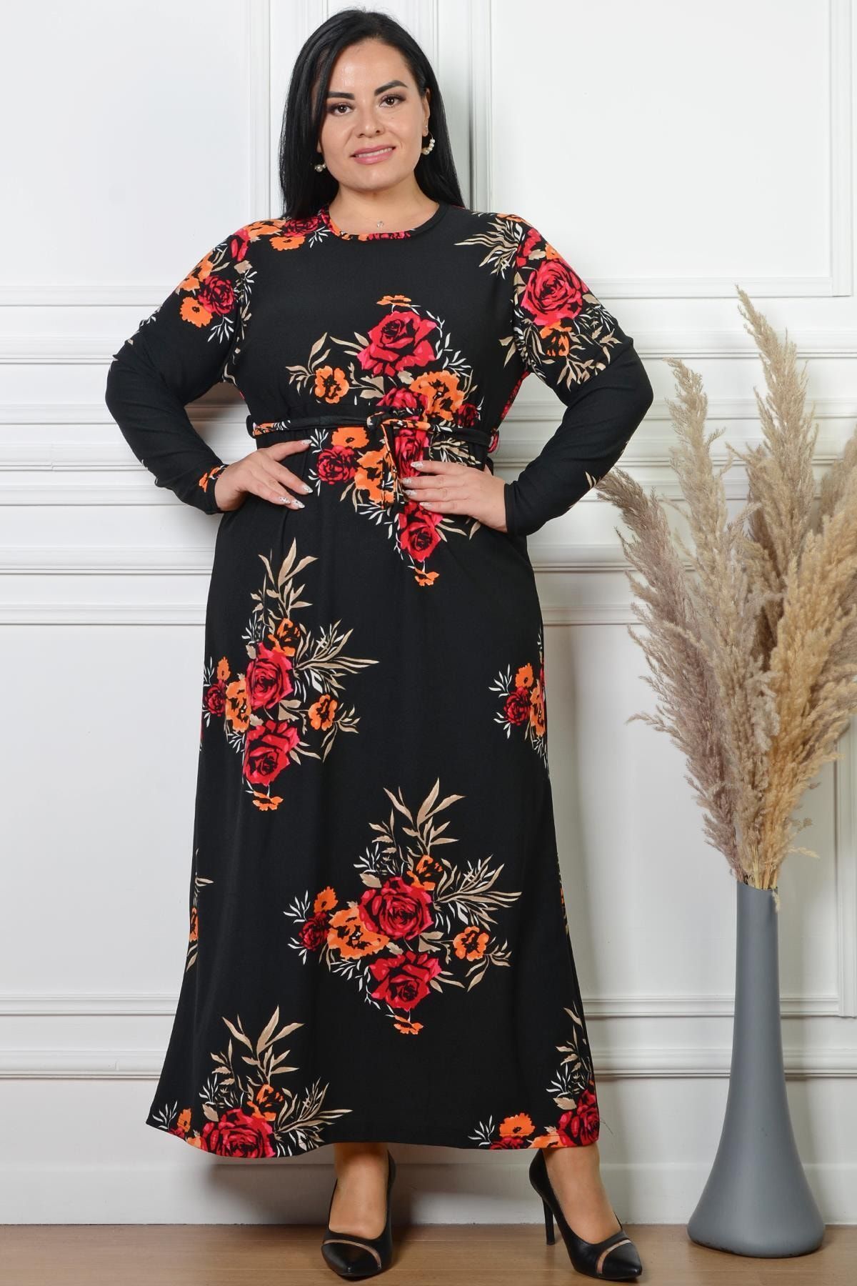 PİNKMARK Pınkmark Kadın Çiçek Desen Baskılı Siyah Krep Büyük Beden Elbise Pmel25380