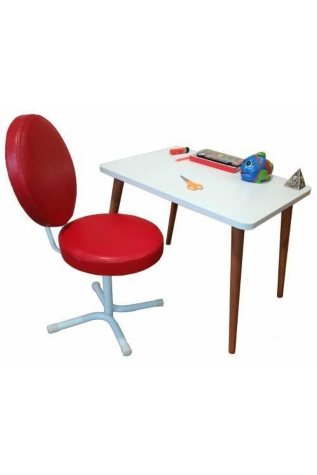 Depolife Ilk Ofisim Çalışma Çocuk Ders Masası Takımı Döner Koltuk Ahşap Ayak Masa Sandalye Masa Seti Kırmızı