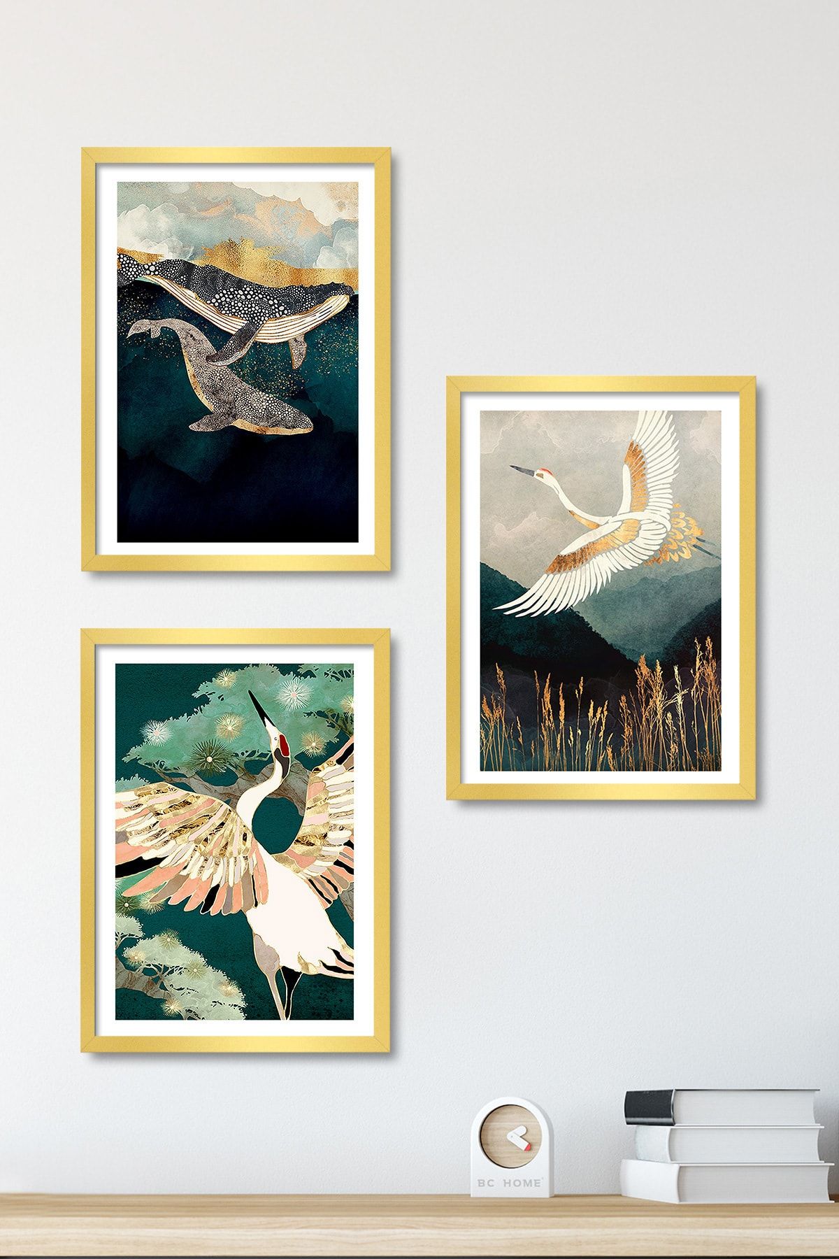 Bc Home Balina Ve Kuşlar 3 Parça Çerçeveli Poster Tablo Seti - Altın
