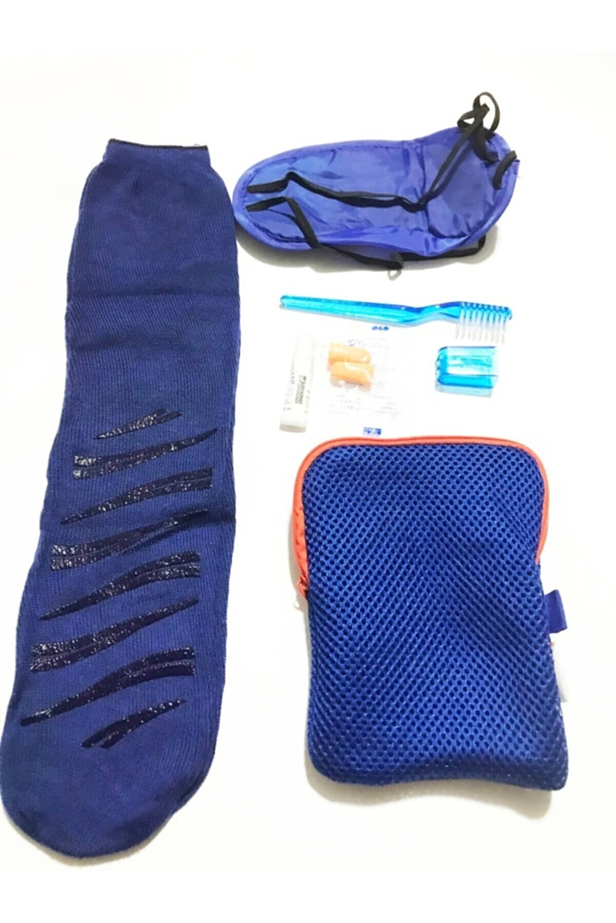 Mahi Max Mavi Çanta Içi Dolu Set 16x12 Cm & Seyahat Seti - Uyku Çorabı Uyku Bandı Diş Fırçası Ve Macunu
