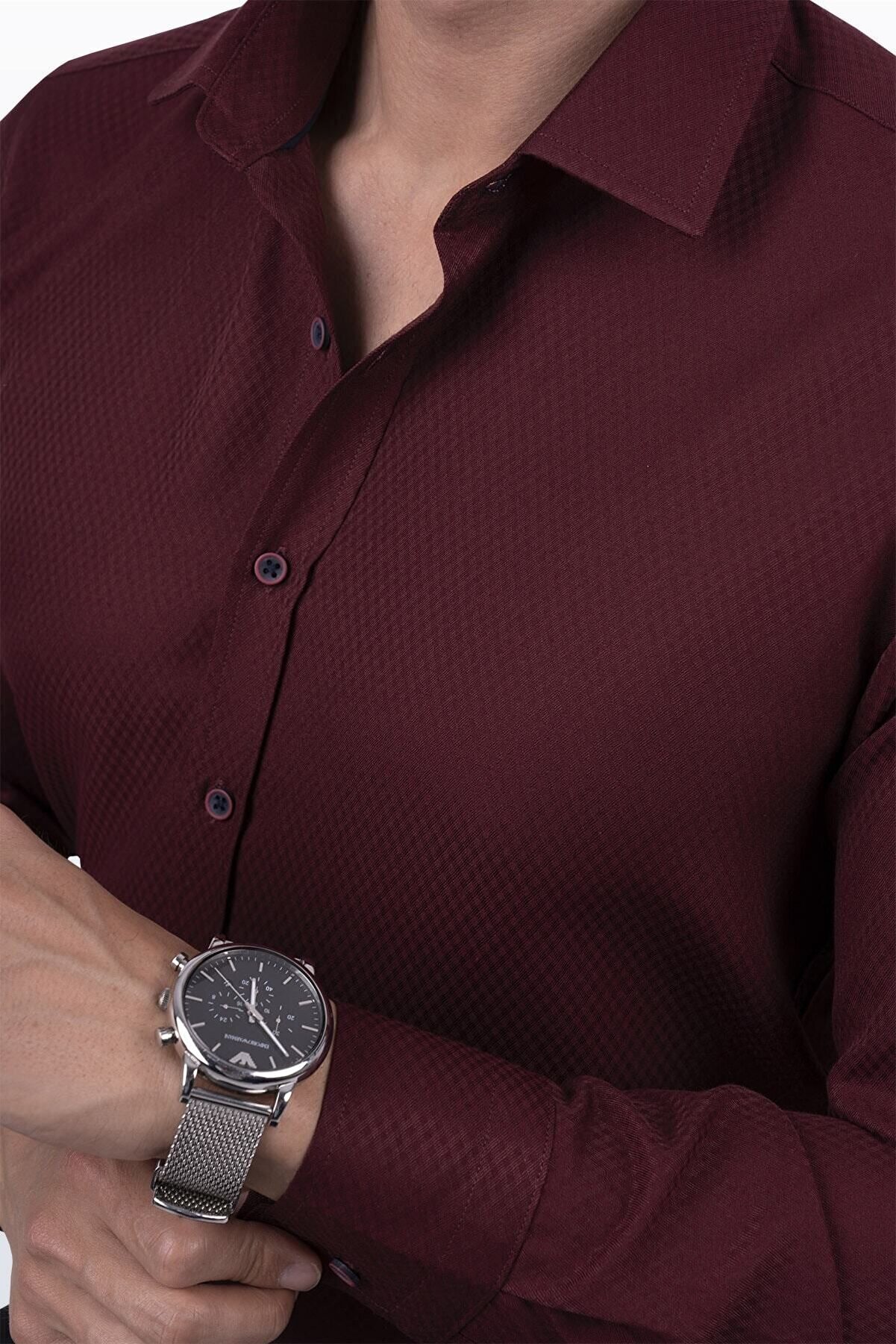 Etikmen Koyu Bordo Baklava Desen Slimfit Erkek Gömlek - Elegant ve Modern Stilde
