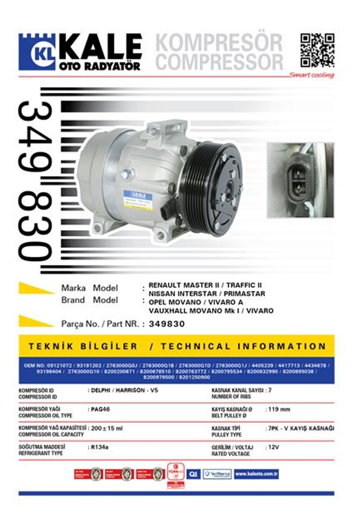 Renault Klima Kompresörü - [7pk - V Kayıs Kasnagı] [119mm] - Kal 349830