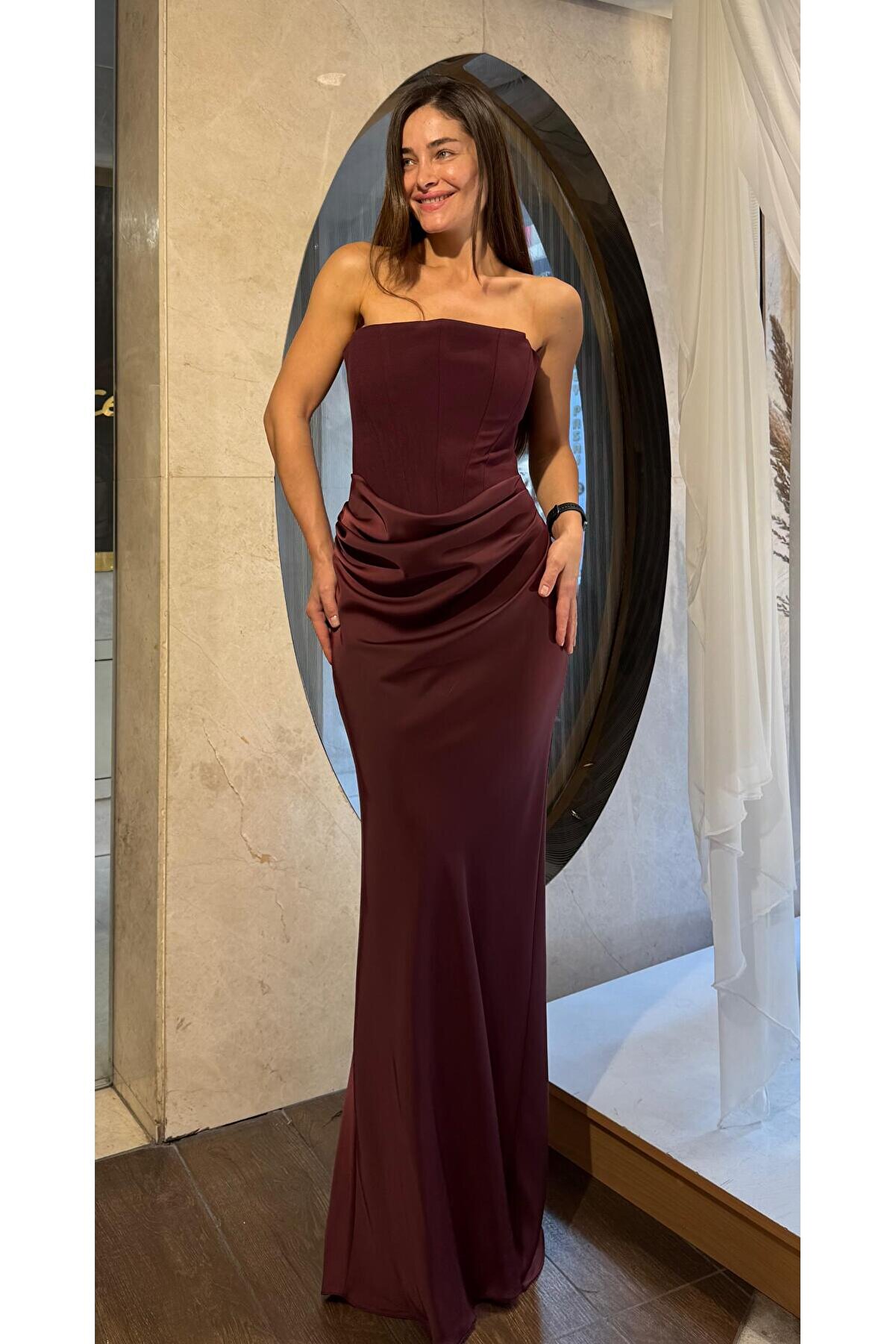 SpringStore Bordo Üstü Krep Altı Saten Abiye - Şık ve Elegant Gece Elbisesi