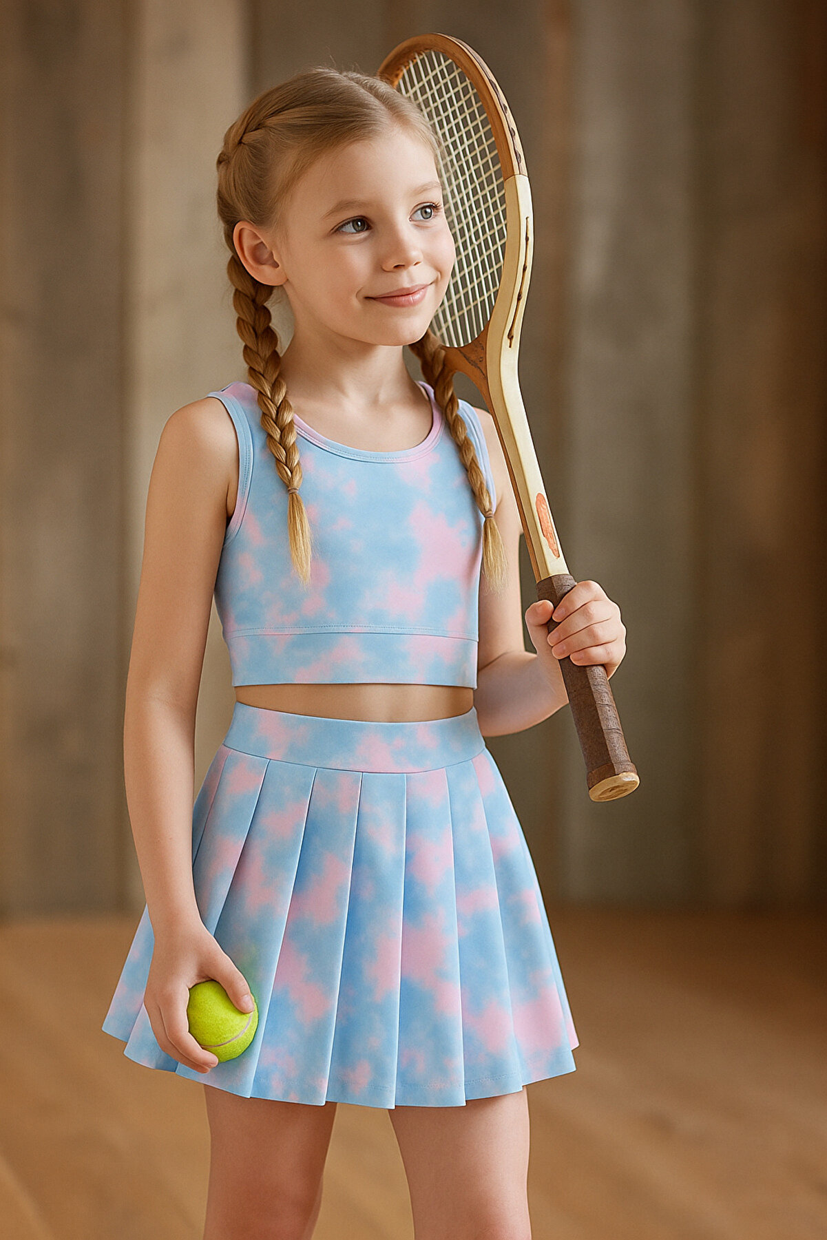 Beniizle Batik Desenli Şort Etekli Crop Kız Çocuk Sporcu Takımı