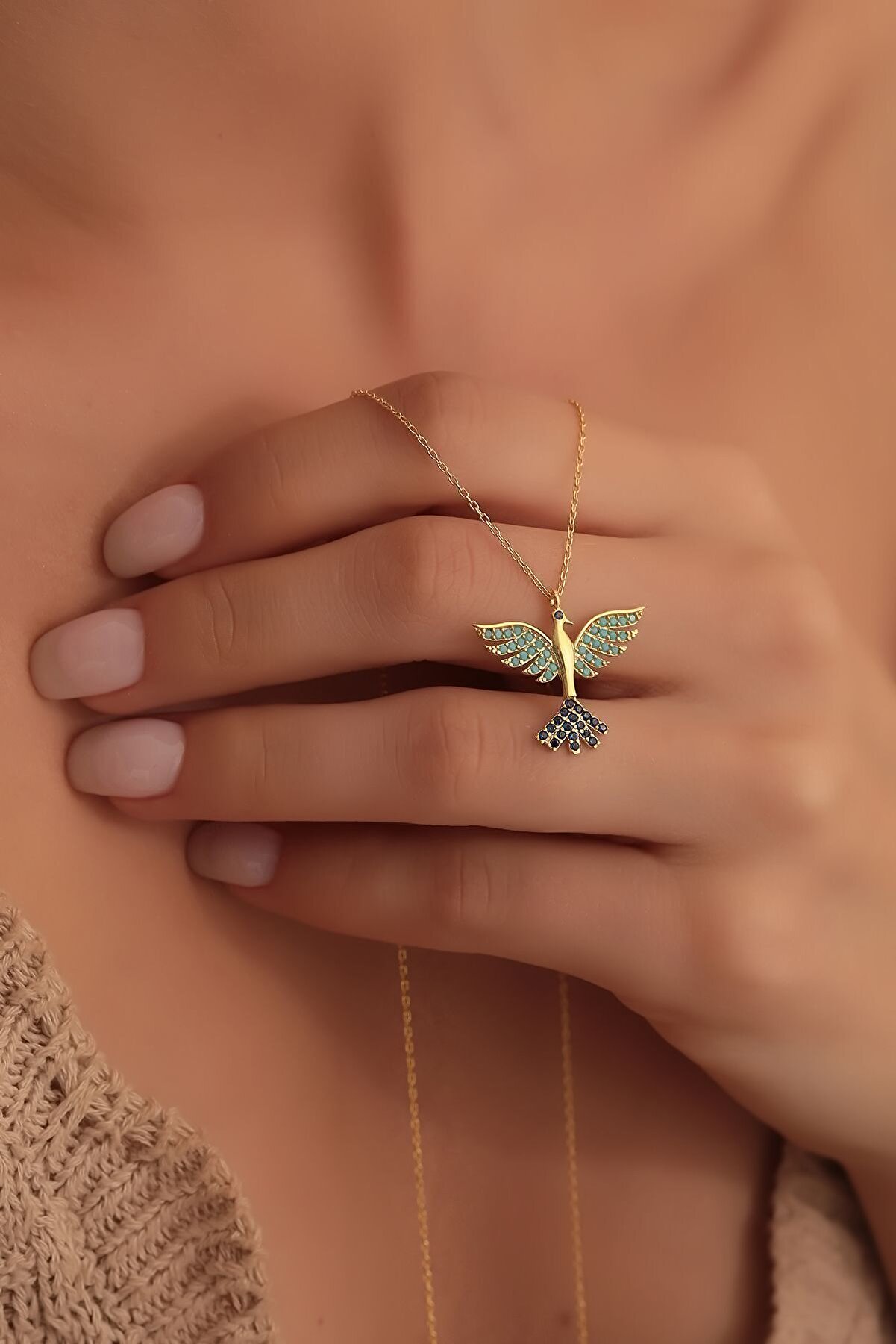 Kar Di̇amond 14 Ayar Altın Zincirli Mavi Turkuaz Taşlı Zümrüdü Anka Kuşu Kolye - Sertifikalı Işıklı Hediye Kutulu