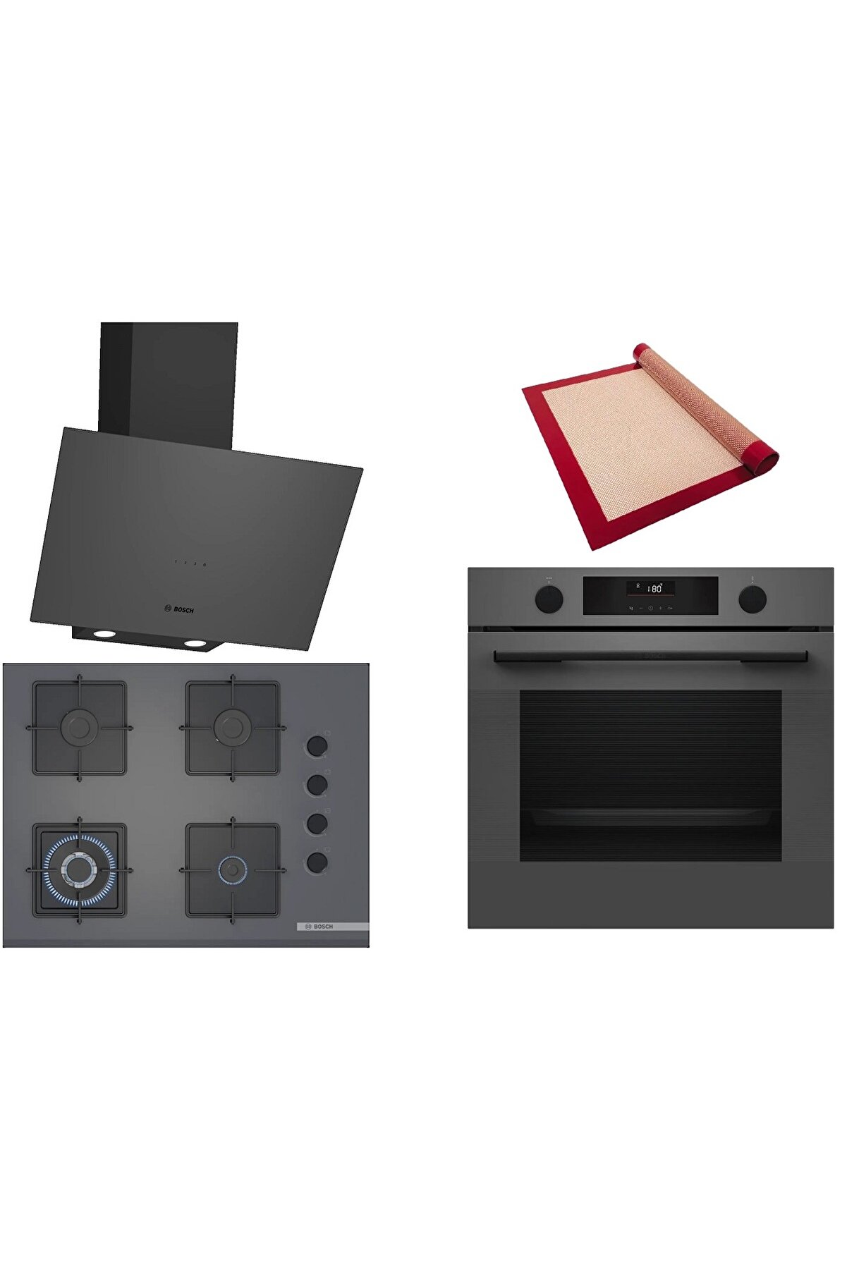 Gri 3 lü Ankastre Set (HUA736EN0T-POH7C9P30O-DWK64PJ70T ) Buhar Destekli - Pişirme Matı ile