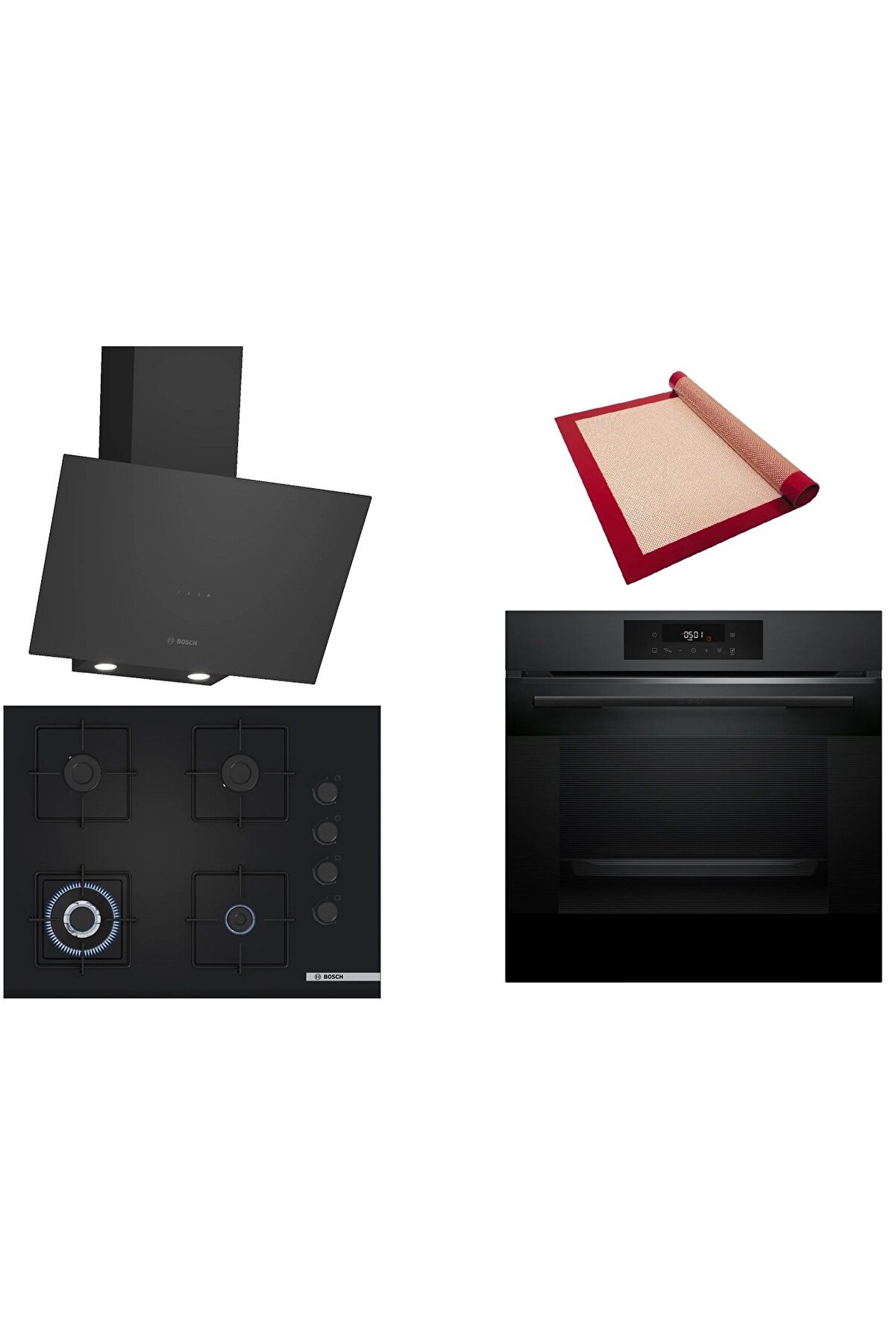 Siyah 3 lü Ankastre Set ( HJG852YT0T - POH7C6P30O - DWK64PJ60T ) 3D Fry - Pişirme Matı ile