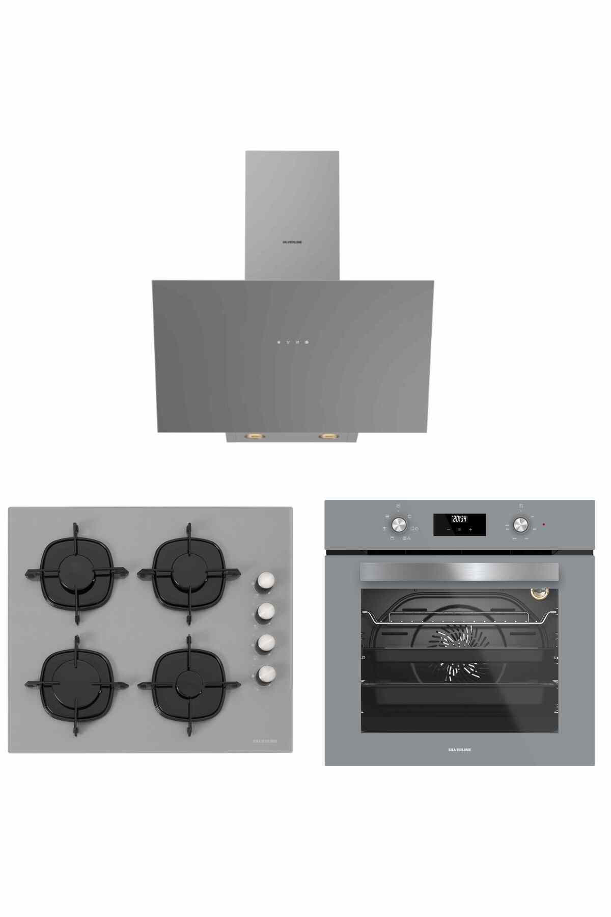 Gri Cam Ankastre Set - BO6502S02 Fırın, CS5700E6S01 Ocak, 3481 Flam 60 cm Davlumbaz