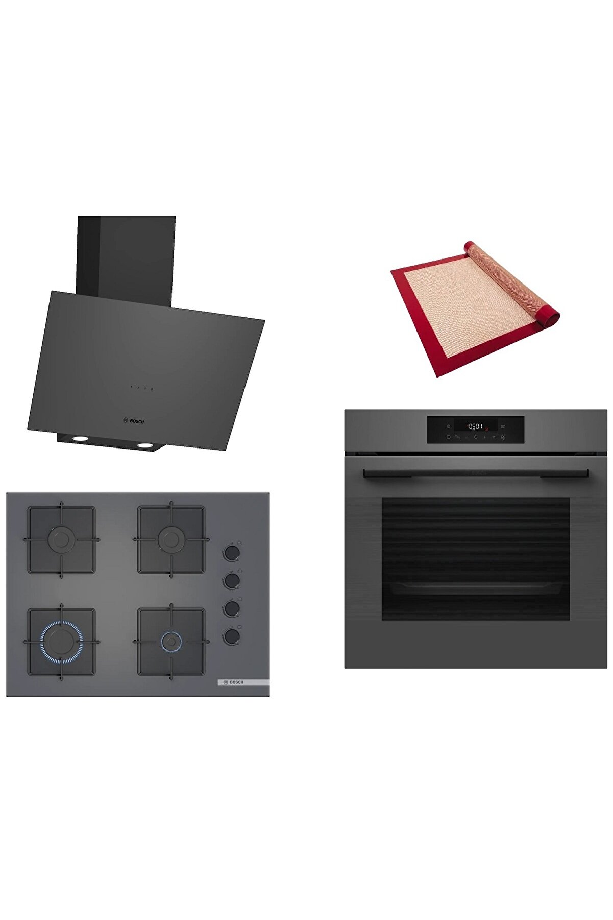 Gri 3 lü Ankastre Set (HJG852YN0T-POP7C9P30O-DWK64PJ70T) 3D Fry - Pişirme Matı ile