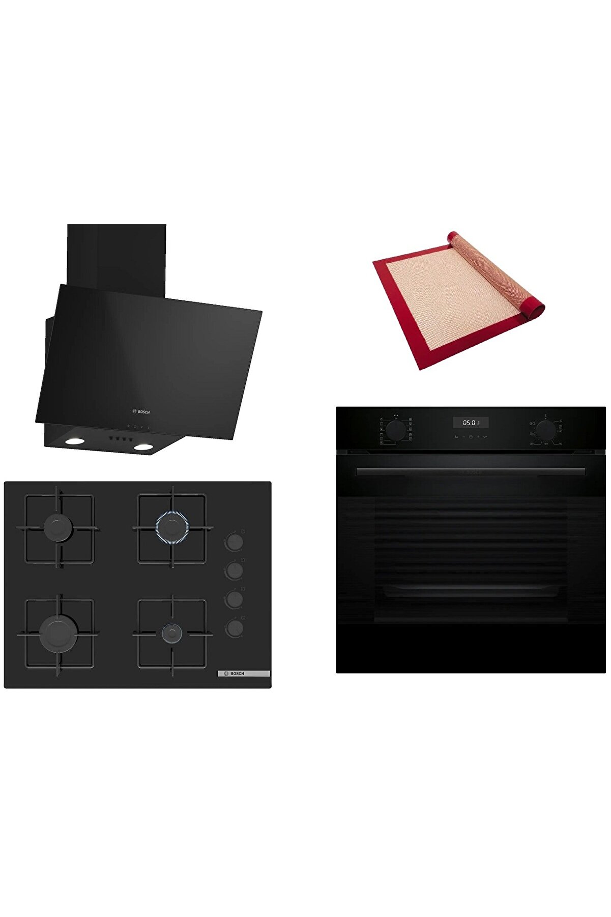 Siyah 3 lü Ankastre Set (HUA717BA0T-POP7C6P30O-DWK63PJ60T) Buhar Destekli - Pişirme Matı ile