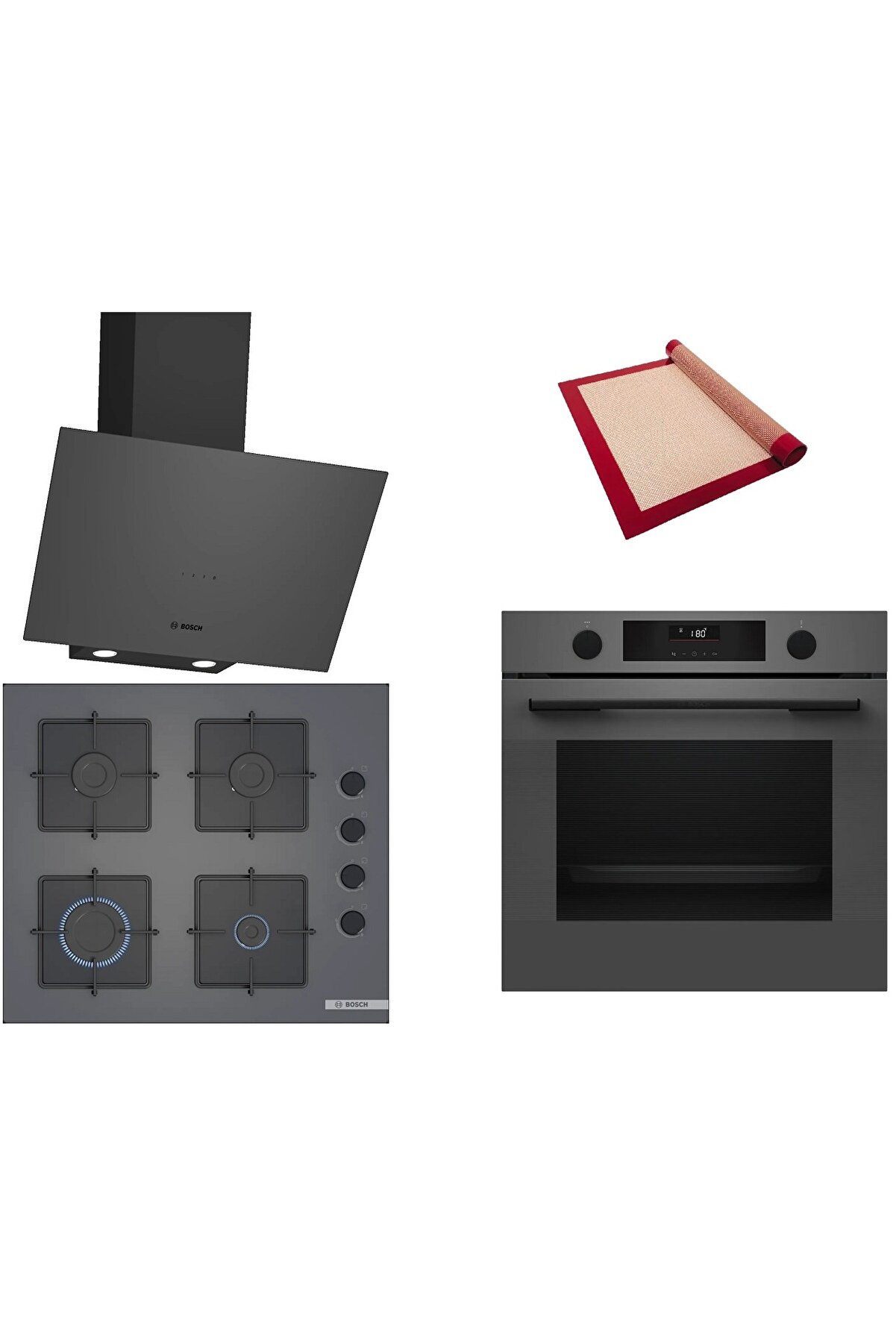 Gri 3 lü Ankastre Set (HUA736EN0T-POP6C9P30O-DWK64PJ70T )-Buhar Destekli - Fırın Matı ile
