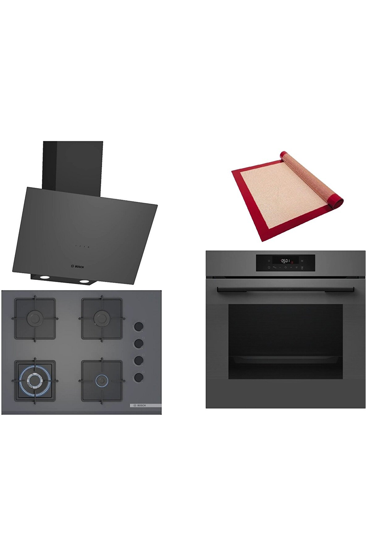 Gri 3 lü Ankastre Set ( HJG852YN0T - POH7C9P30O - DWK64PJ70T ) 3D Fry - Pişirme Matı ile