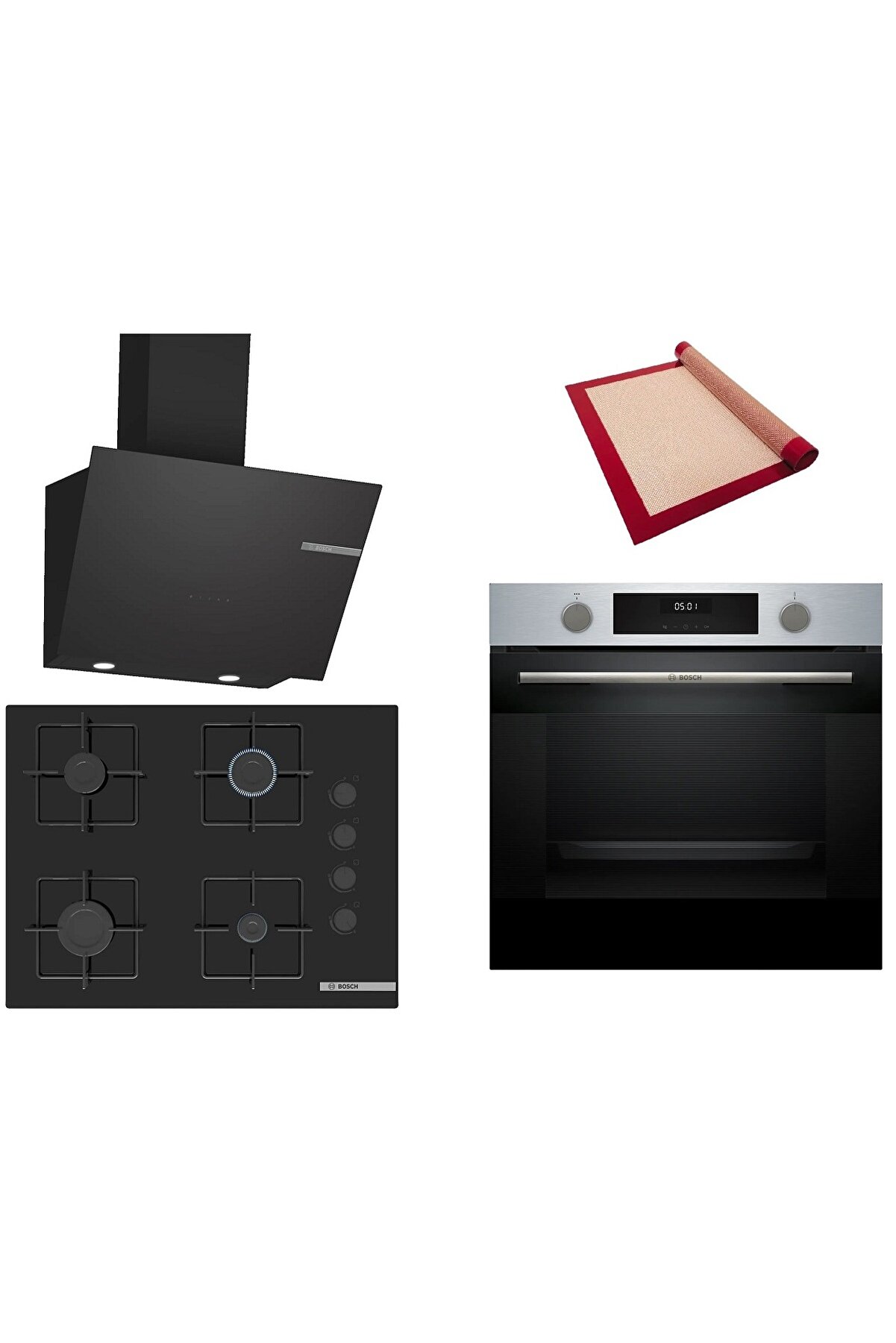 Siyah 3 lü Ankastre Set (HUA717BR0T-POP7C6P30O-DWK66PJ60T ) Buhar Destekli - Pişirme Matı ile