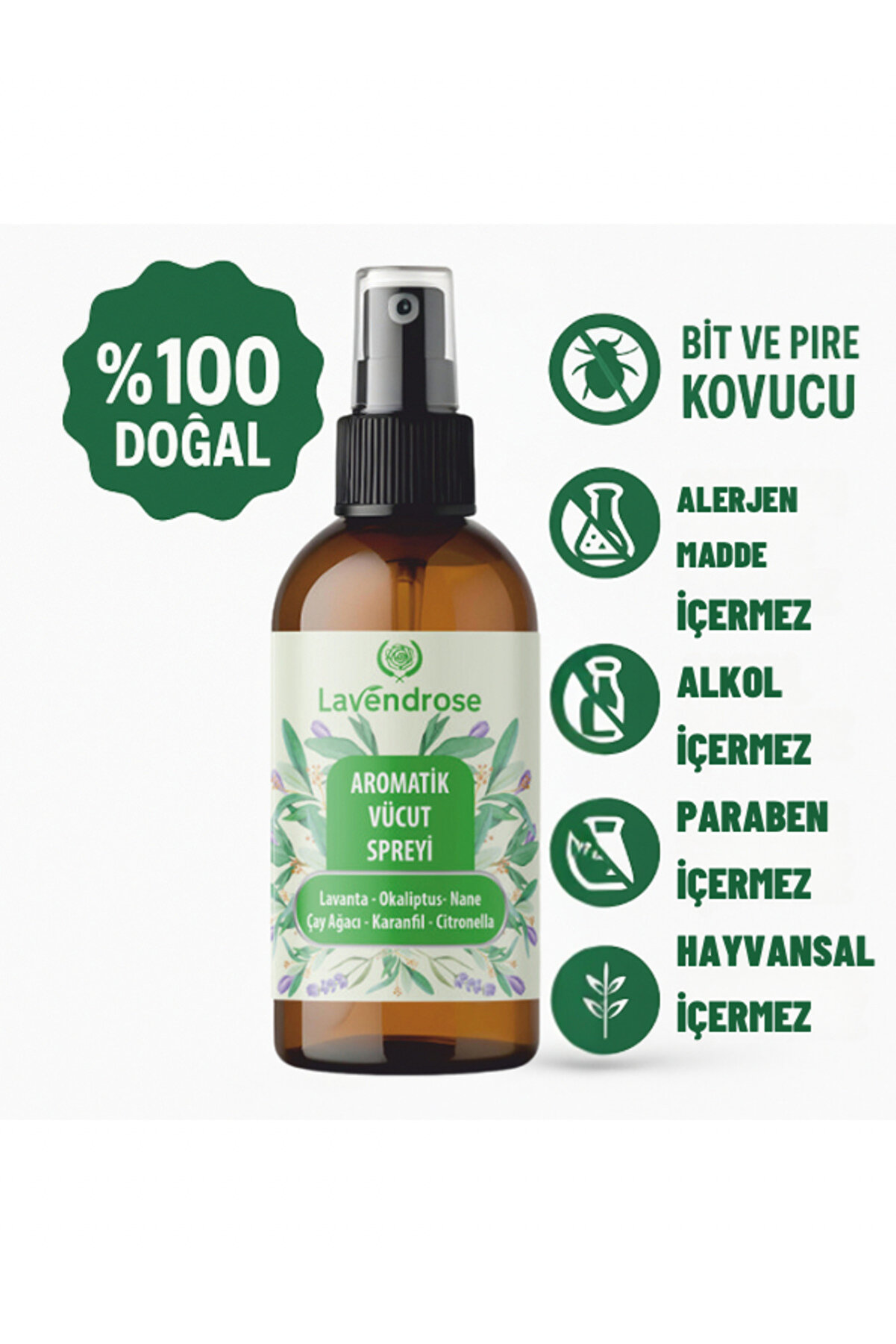 Lavendrose Bit ve Pire Kovucu %100 Doğal Aromatik Vücüt Ve Saç Spreyi 100 ml