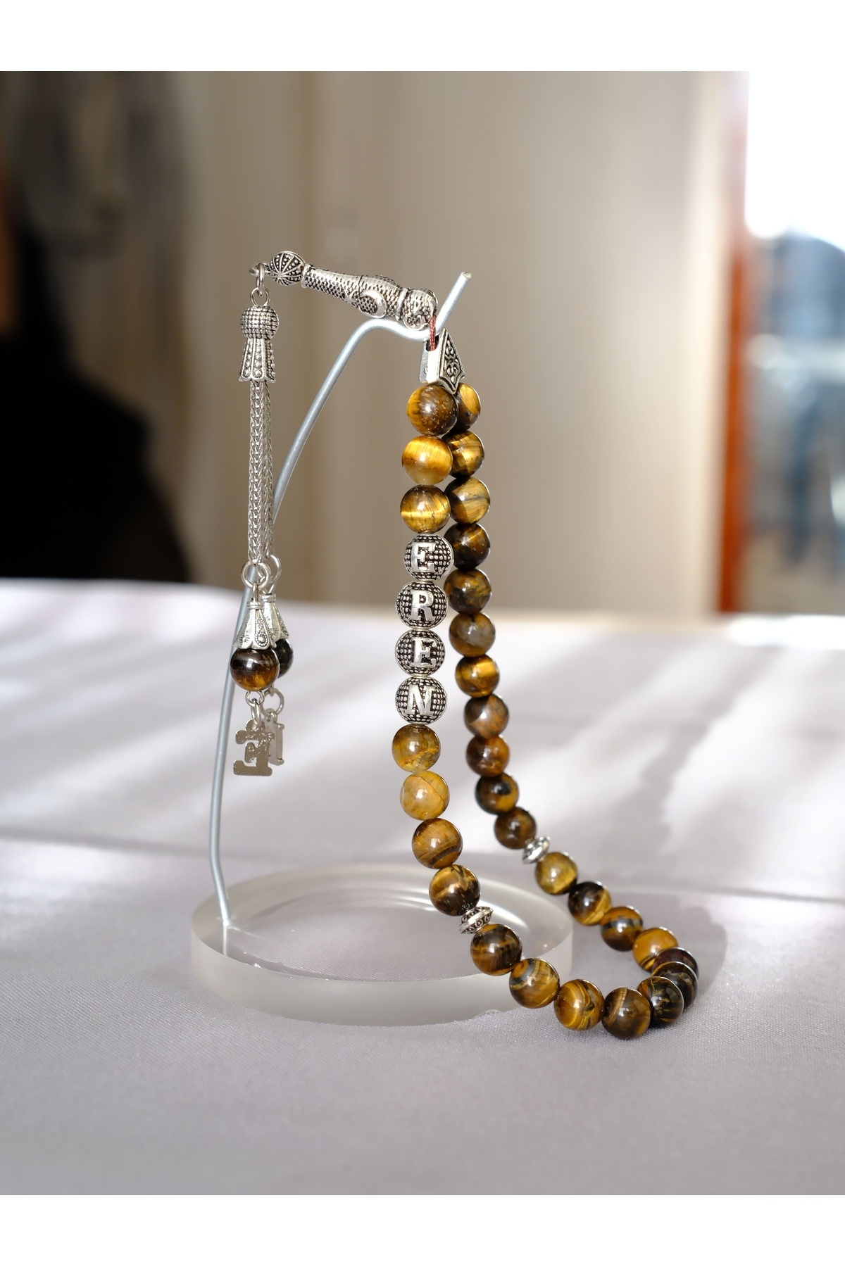 QELA COLLECTION Kişisel Harfli Kaplan Gözü Tesbih - Ahşap Kutusunda - Erkek Hediye