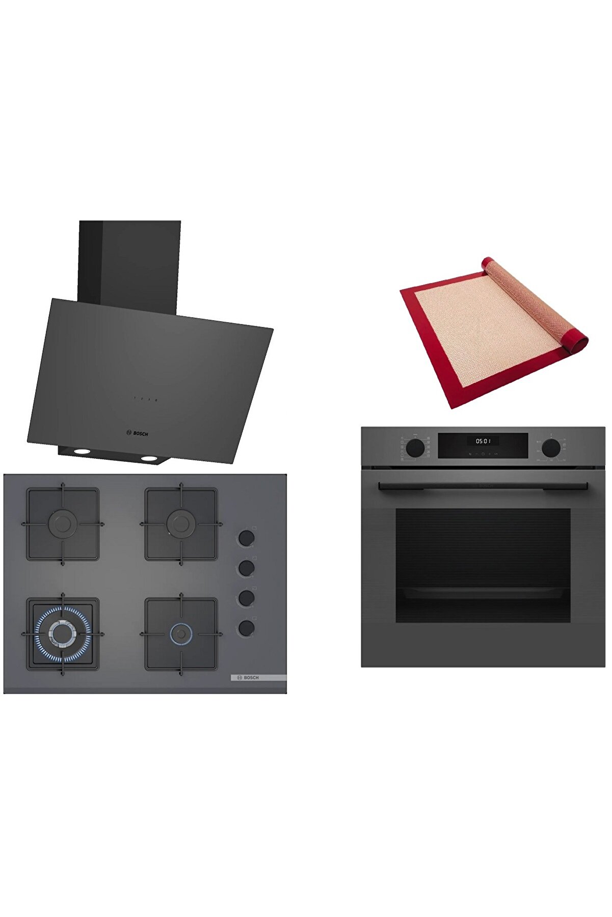 Gri 3 lü Ankastre Set (HUA717BN0T-POH7C9P30O-DWK64PJ70T ) - Buhar Destekli - Pişirme Matı ile