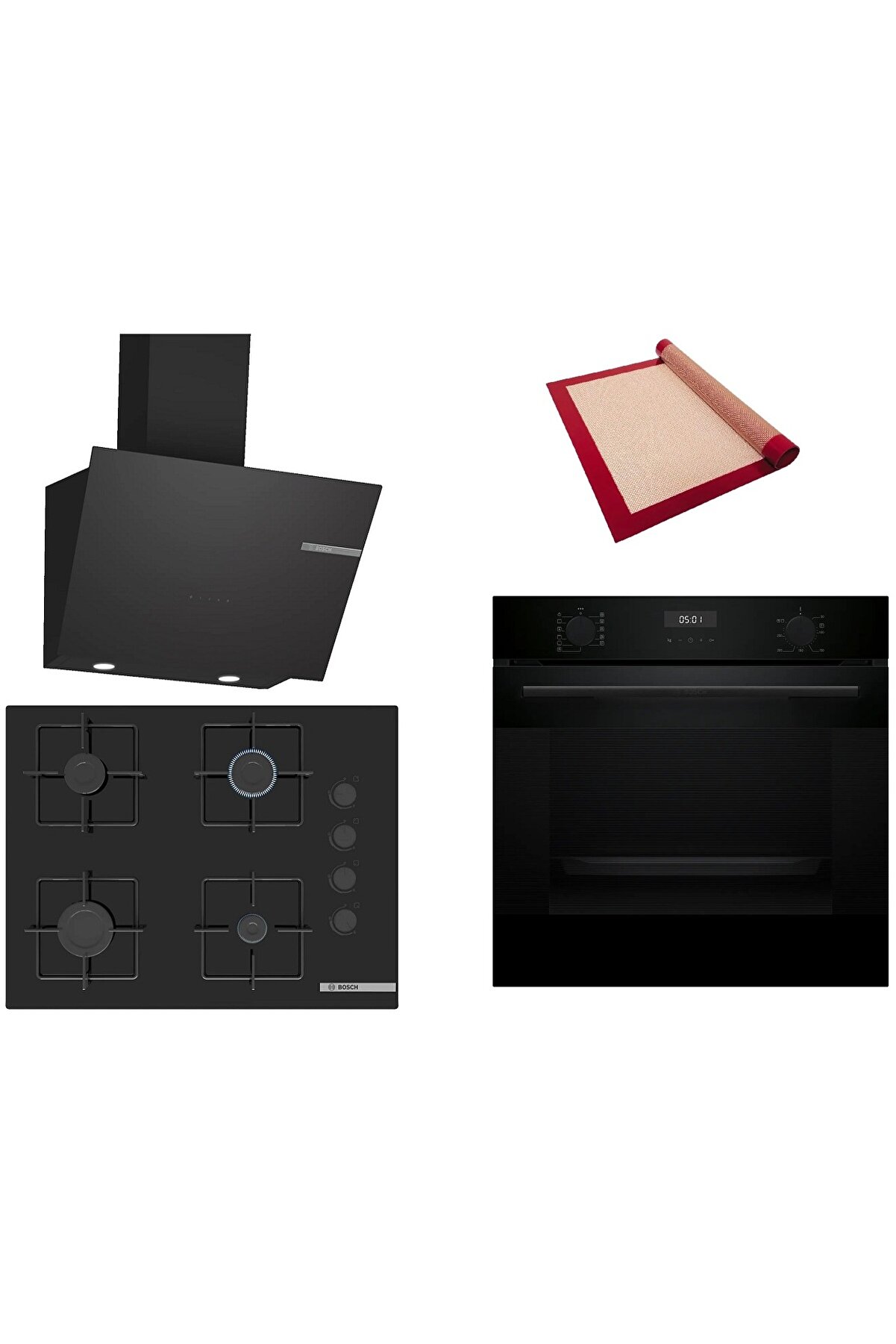 Siyah 3 lü Ankastre Set (HUA717BA0T-POP7C6P30O-DWK66PJ60T ) Buhar Destekli - Pişirme Matı ile