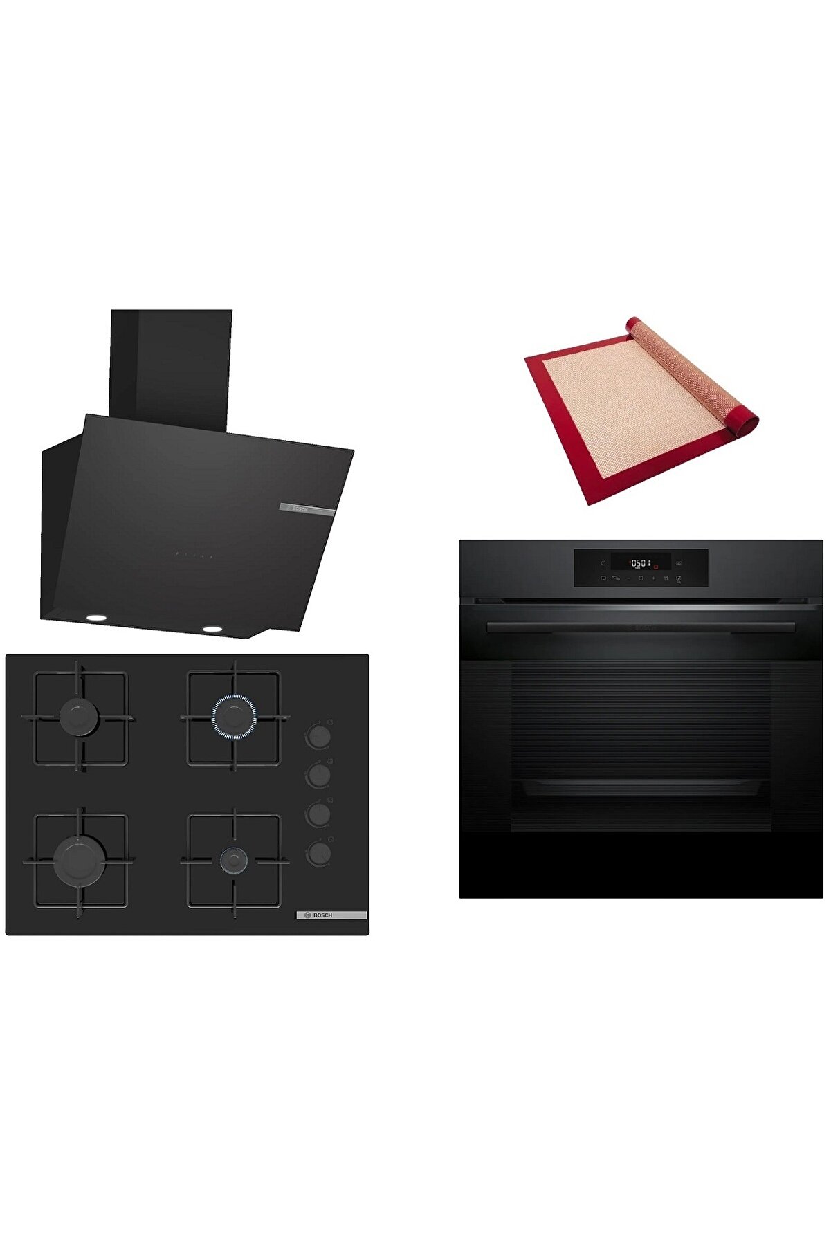 Siyah 3 lü Ankastre Set (HJG852YT0T-POP7C6P30O-DWK66PJ60T) 3D Fry - Pişirme Matı ile