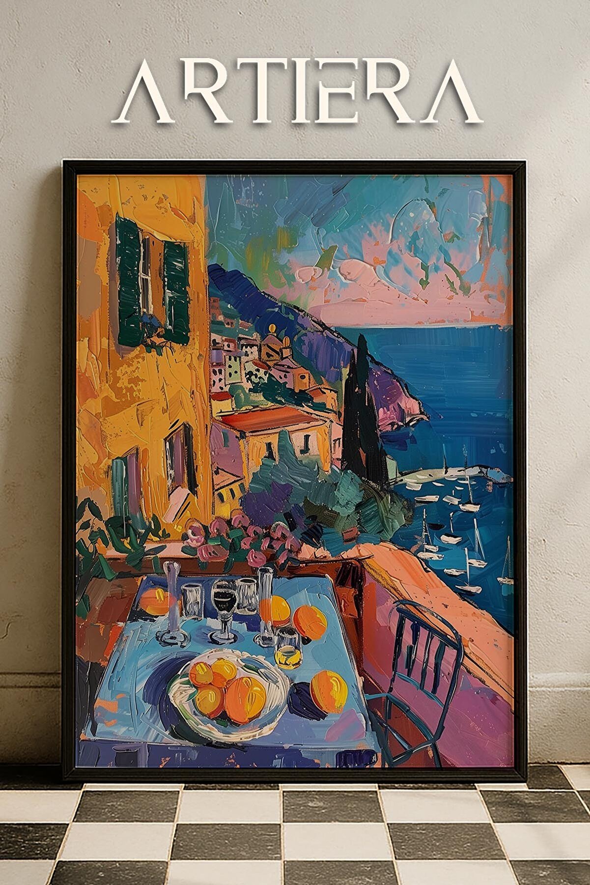 HİGUERA Positano Modern Akdeniz Tarzı Ahşap Çerçeveli Mutfak Tablosu - Kafe Dekorasyonu