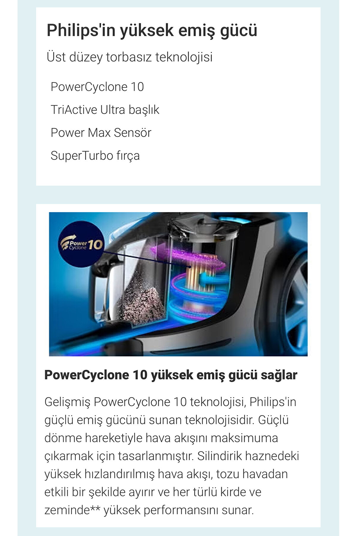 Hepa Alerjik Filtreli, Turbo Başlıklı, PowerCyclone 10, PowerMax Sensör Ultra Emişli Premium Süpürge