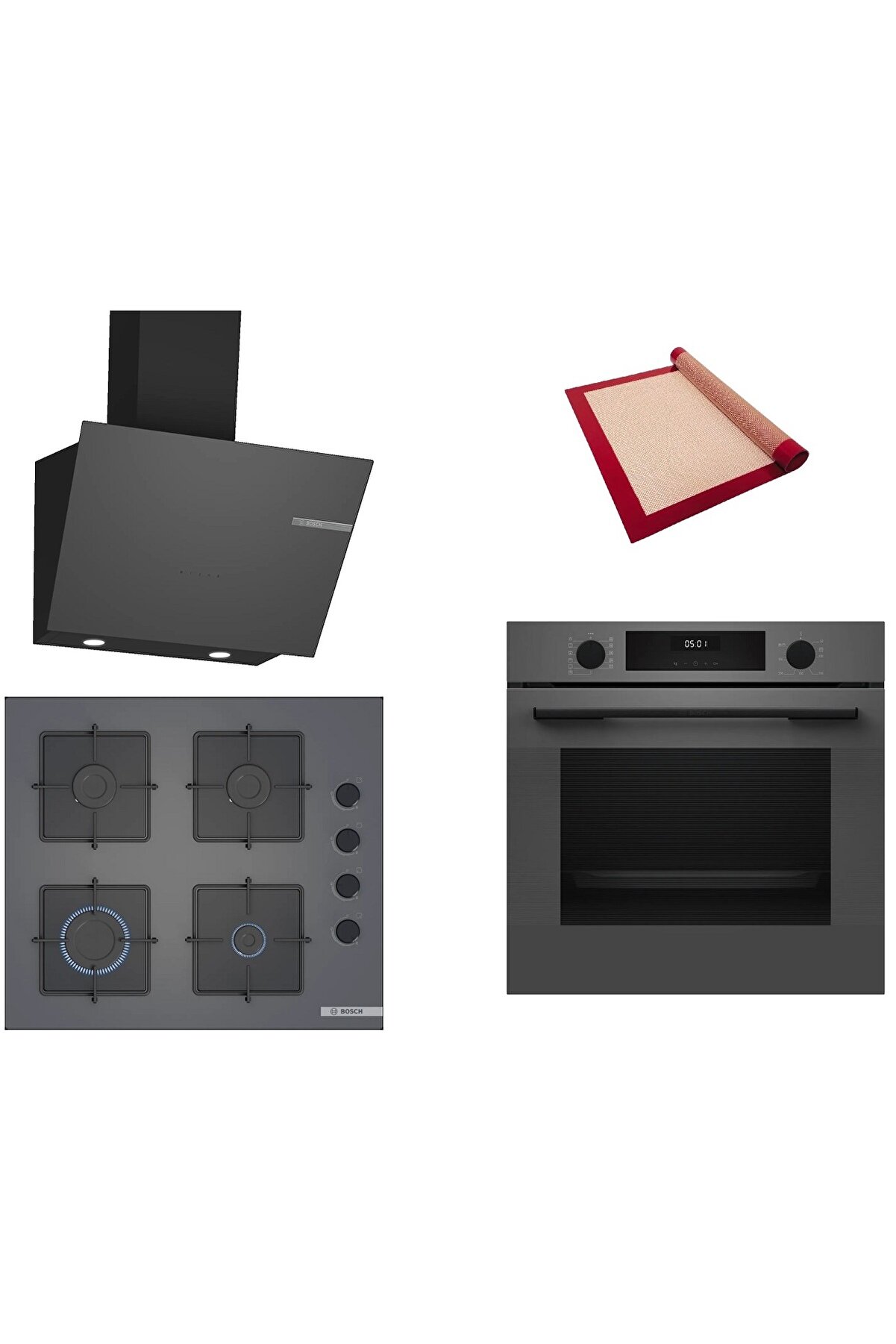 Gri 3 lü Ankastre Set (HUA717BN0T-POP6C9P30O-DWK66PJ70T ) Buhar Destekli - Pişirme Matı ile