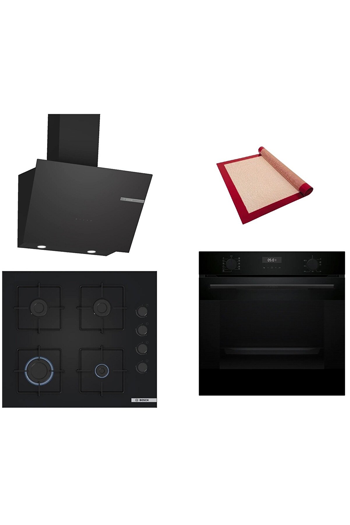 Siyah 3 lü Ankastre Set (HUA717BA0T-POP6C6P30O-DWK66PJ60T ) Buhar Destekli - Pişirme Matı ile