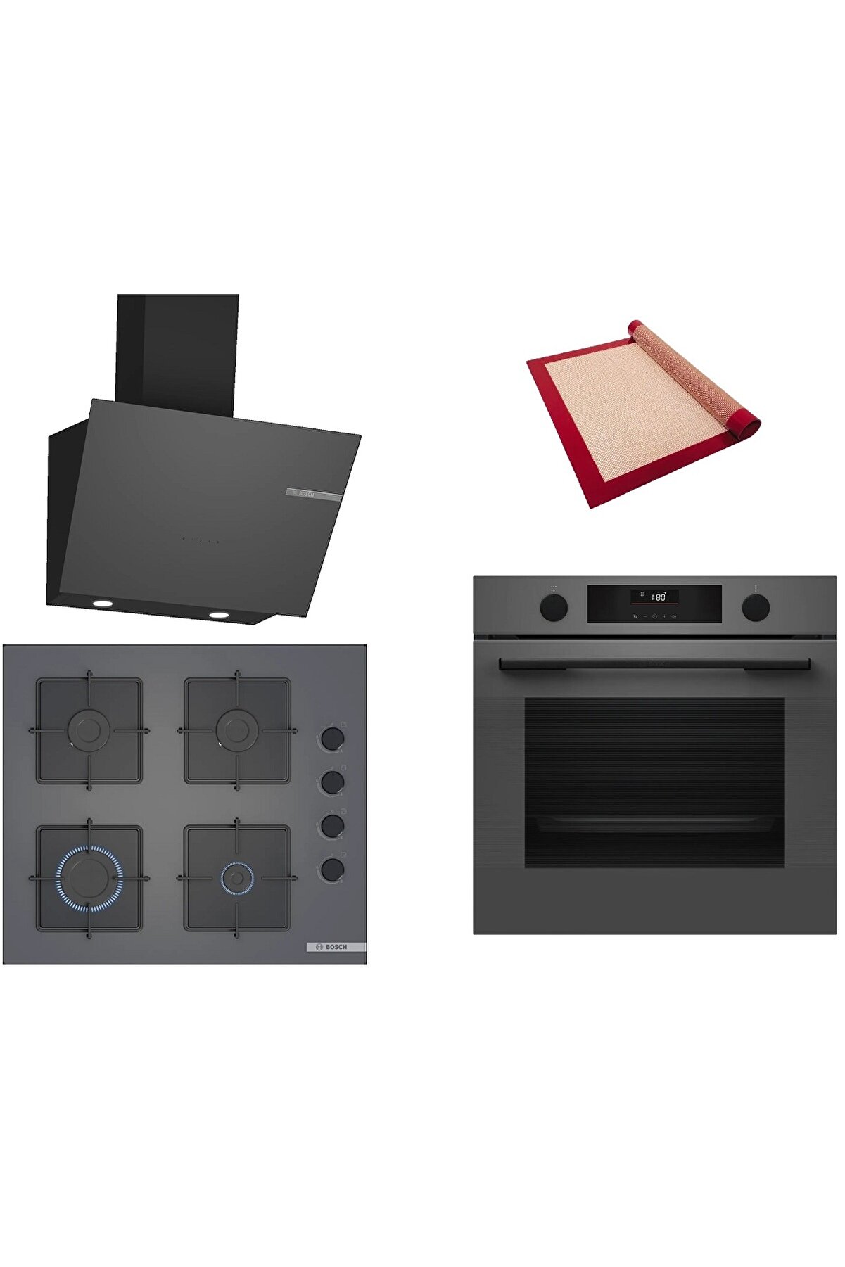 Gri 3 lü Ankastre Set (HUA736EN0T-POP6C9P30O-DWK66PJ70T ) Buhar Destekli - Pişirme Matı ile