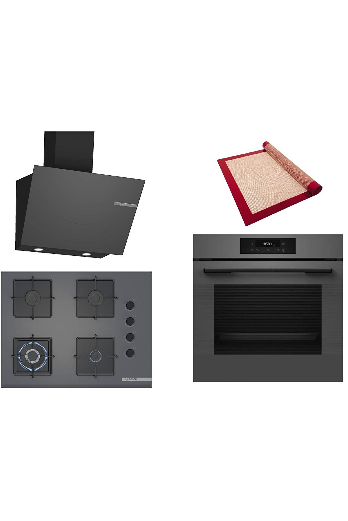 Gri 3 lü Ankastre Set (HJG852YN0T-POH7C9P30O-DWK66PJ70T) 3D Fry - Pişirme Matı ile