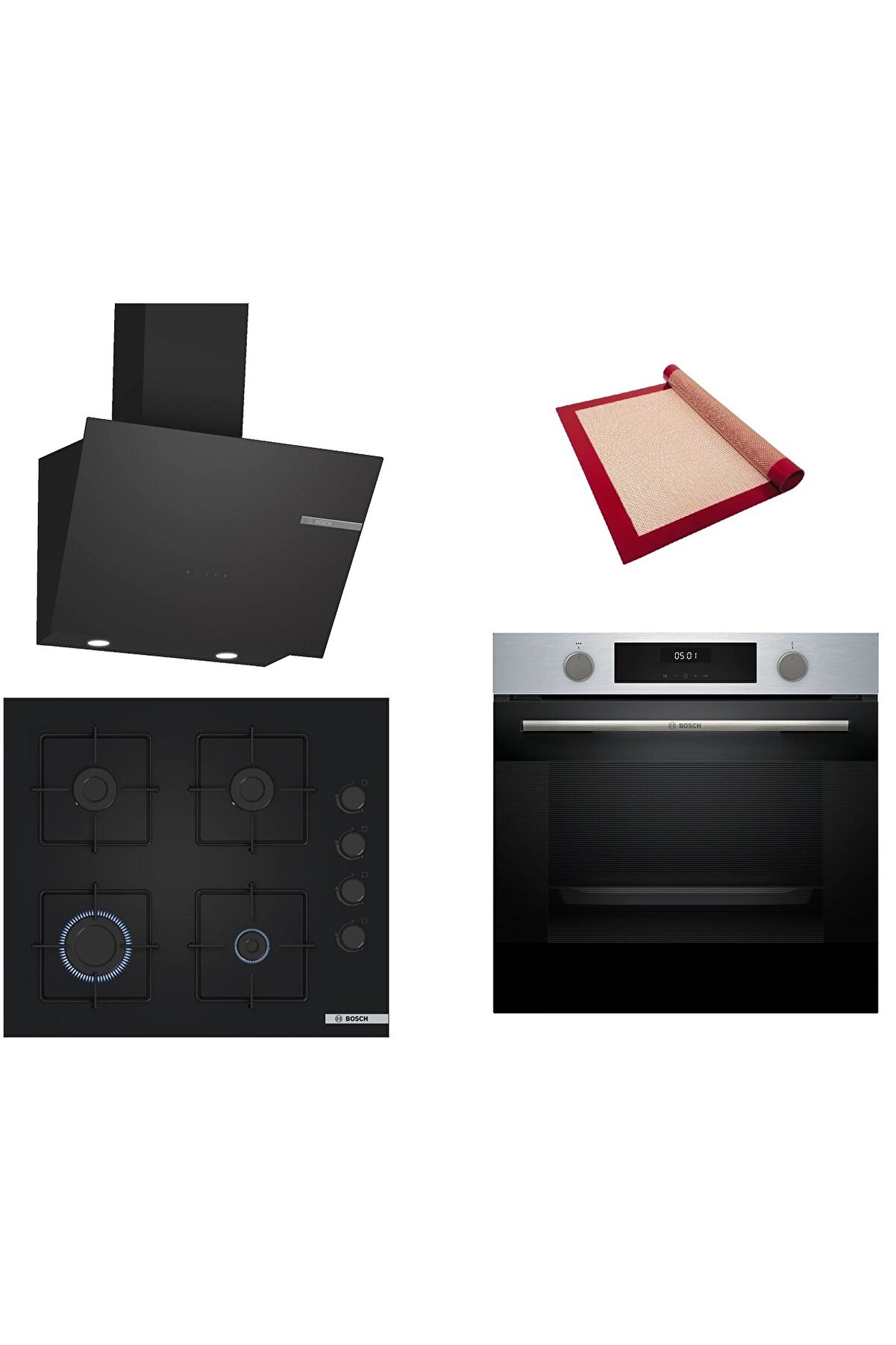 Siyah 3 lü Ankastre Set (HUA717BR0T-POP6C6P30O-DWK66PJ60T ) Buhar Destekli - Pişirme Matı ile